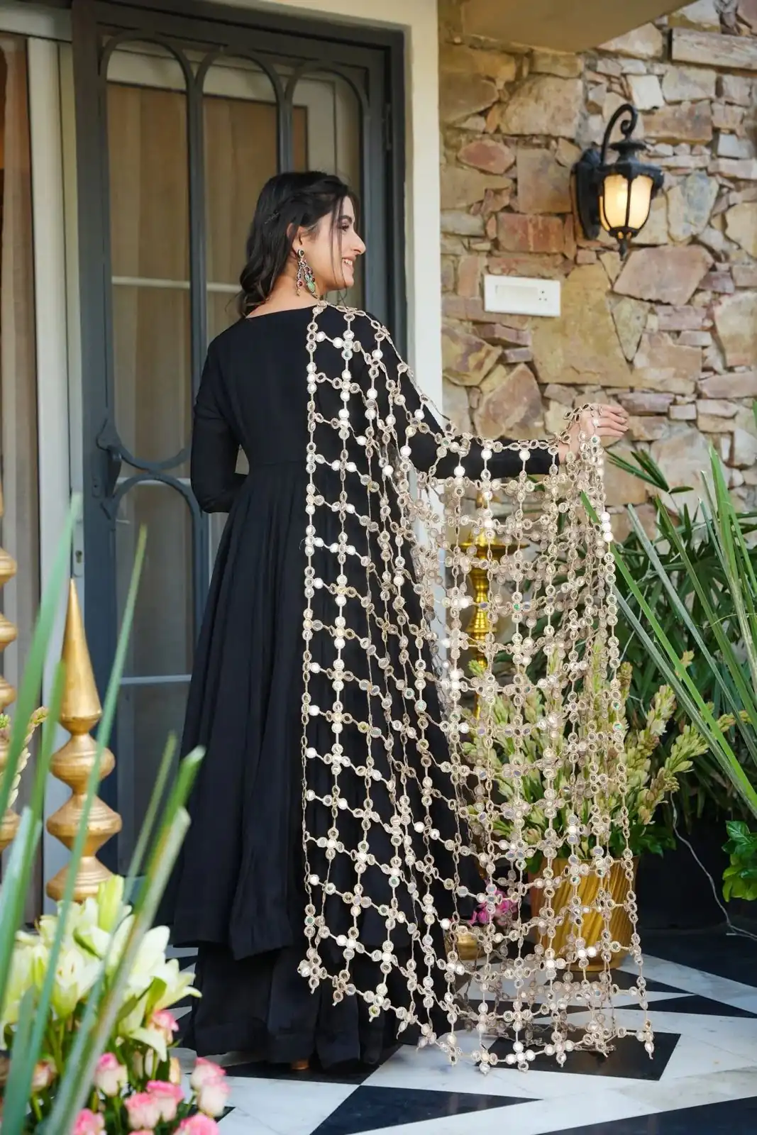 Classic Black Roman Silk Net Mirror Dupatta Gown - Image 4