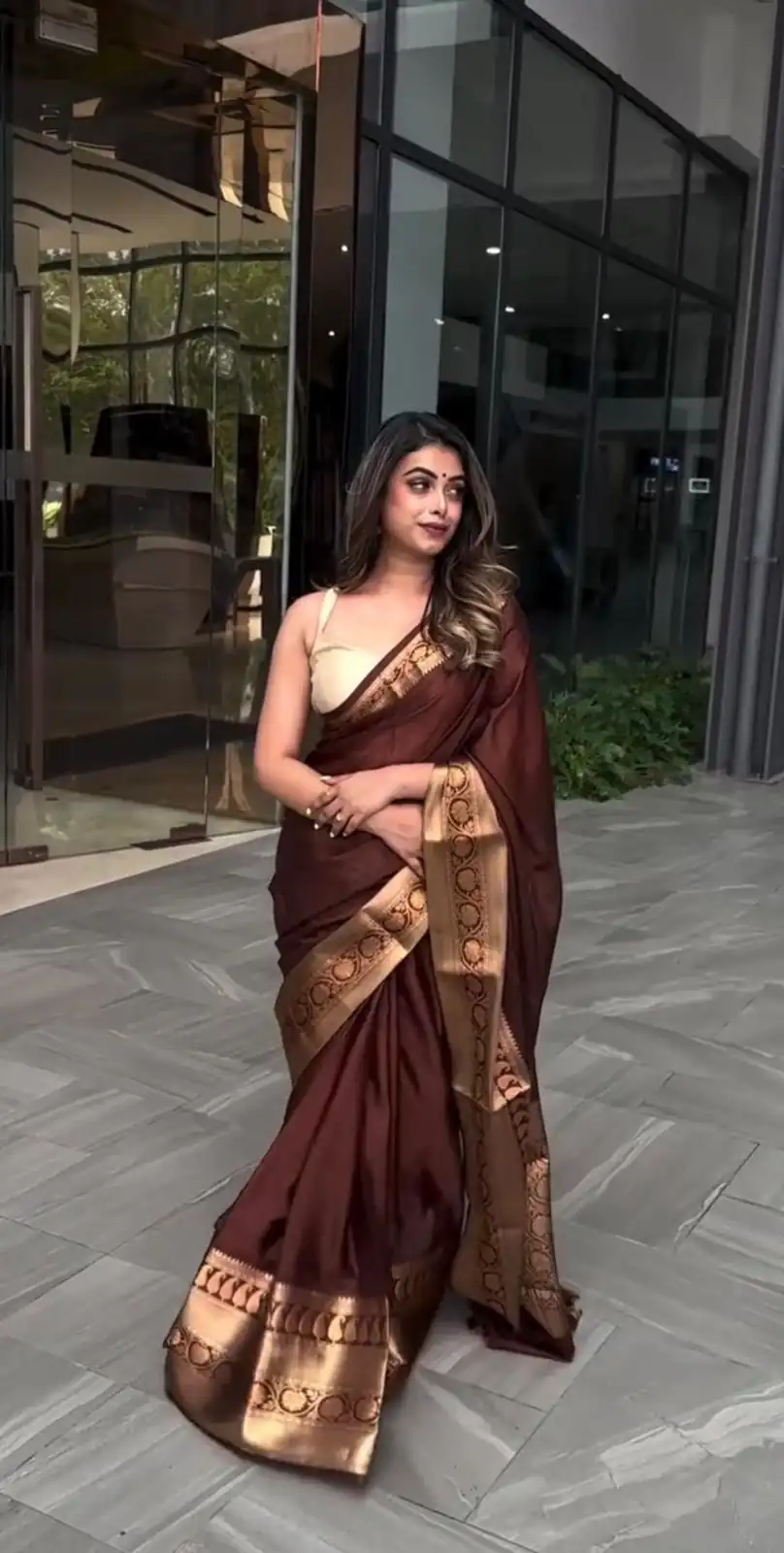 Classic Brown Lichi Silk Jacquard Work Saree - Image 4