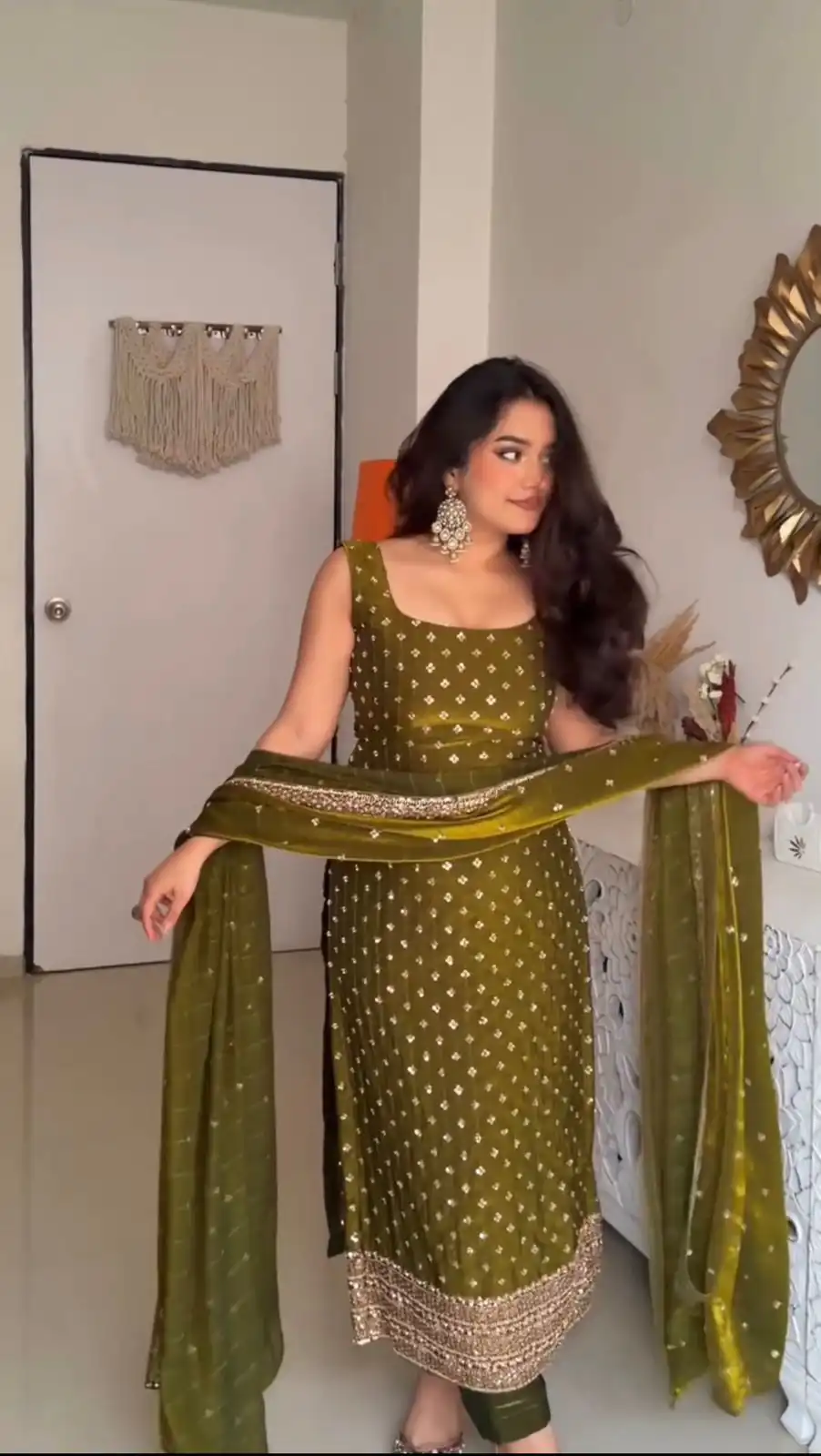 Classic Mehendi Fendy Silk Sequence Work Salwar Suit - Image 2