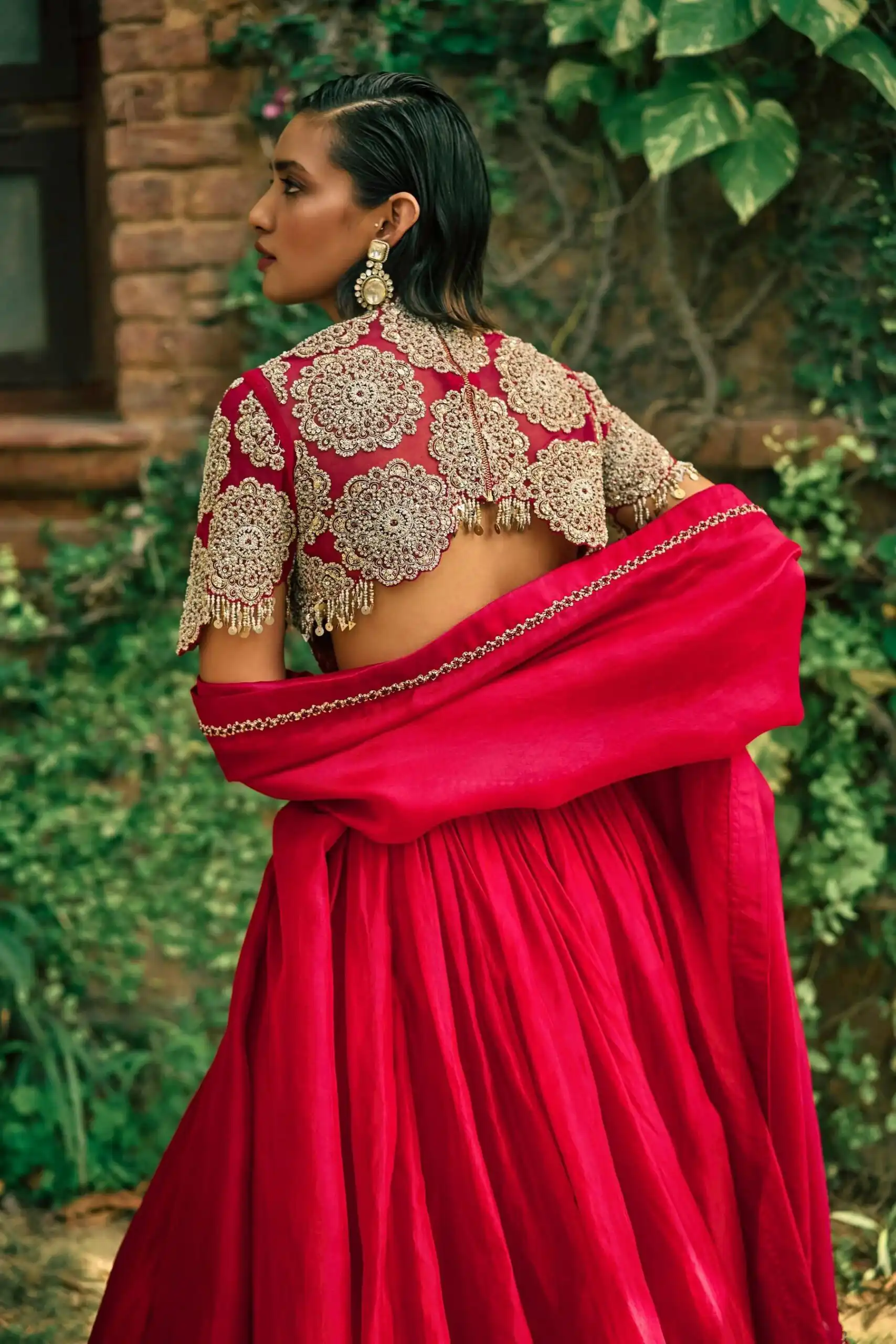 Classic Red Roman Silk Sequins Work Lehenga Choli - Image 3