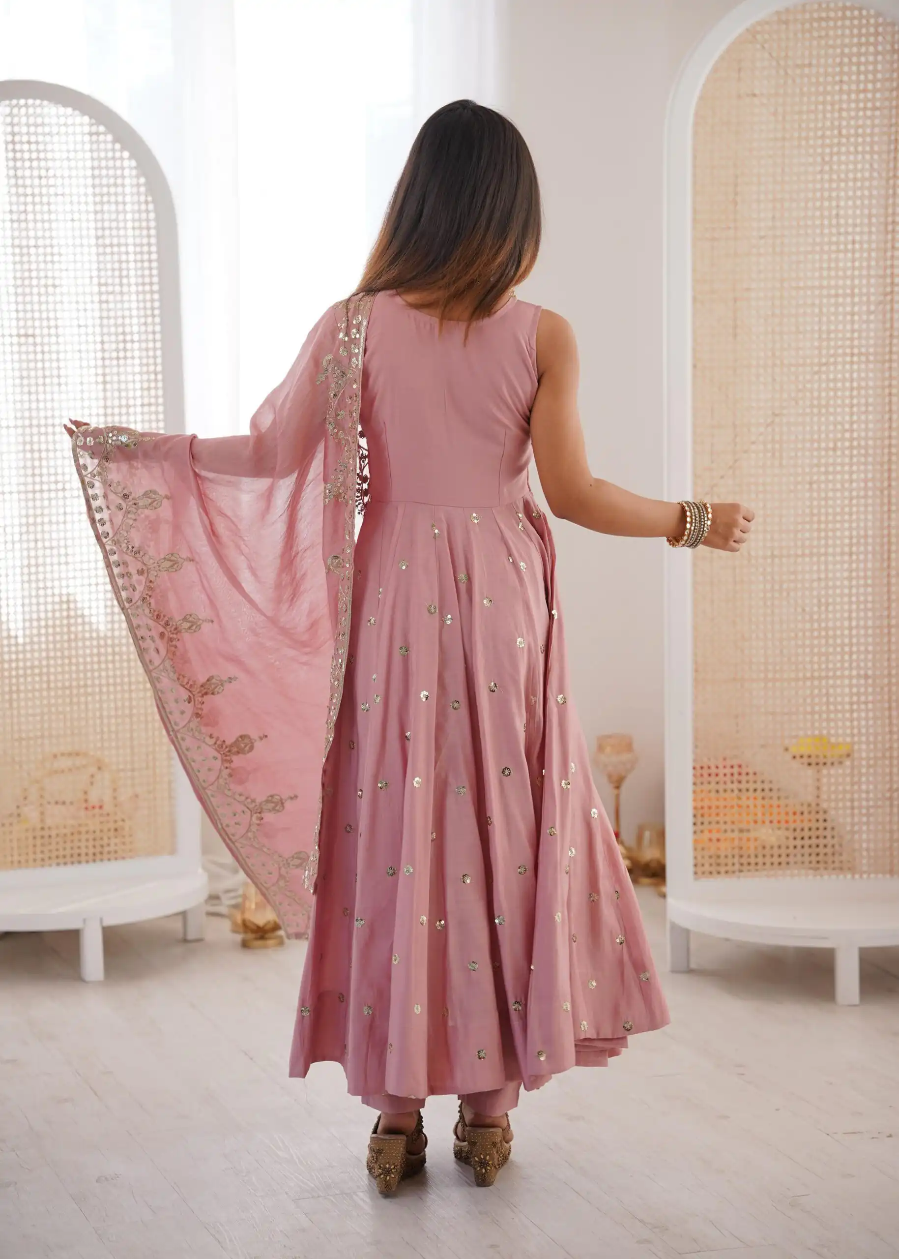 Elegant Pink Roman Silk Embroidery Work Gown - Image 4