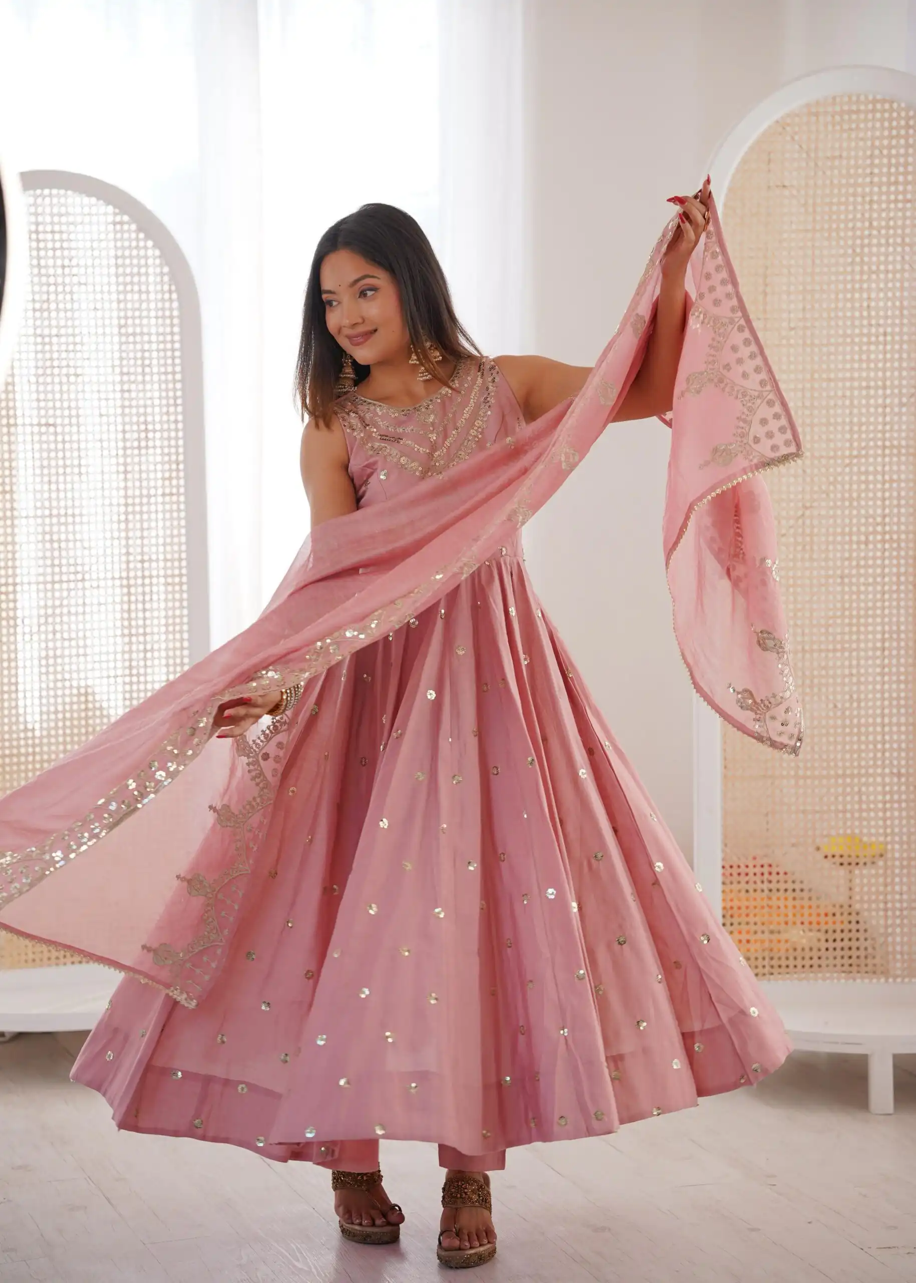 Elegant Pink Roman Silk Embroidery Work Gown