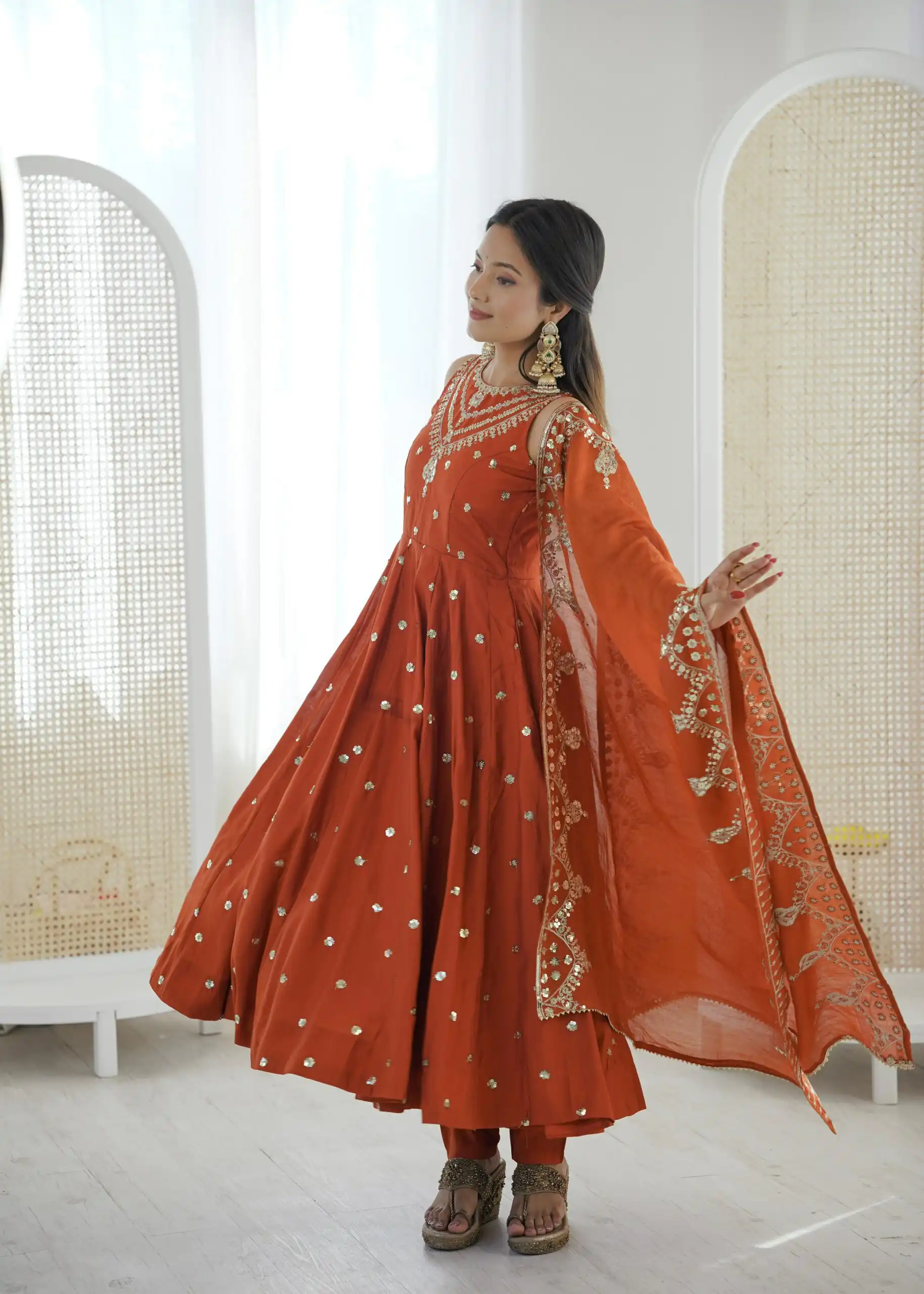 Elegant Rust Roman Silk Embroidery Work Gown - Image 4