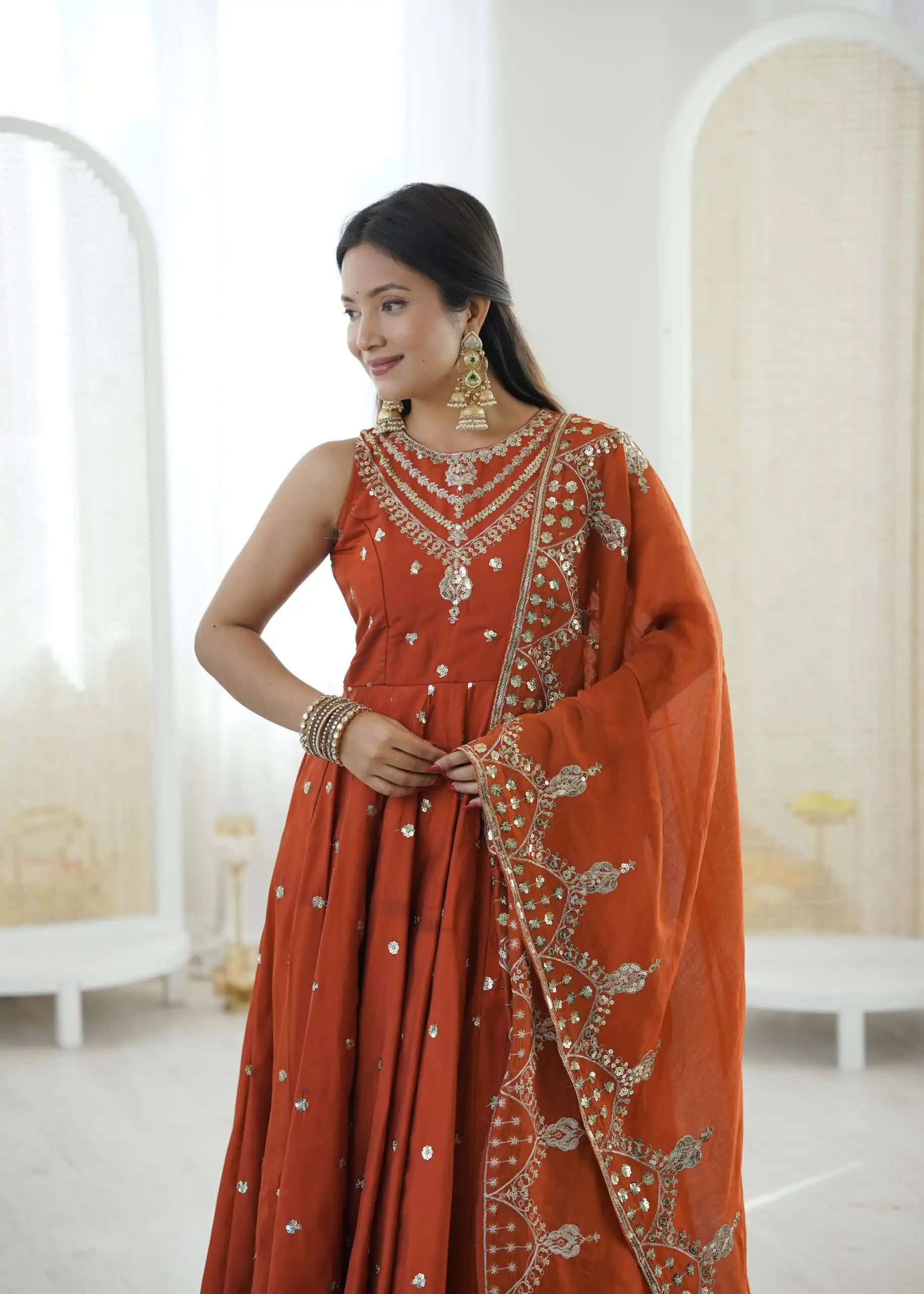 Elegant Rust Roman Silk Embroidery Work Gown - Image 8