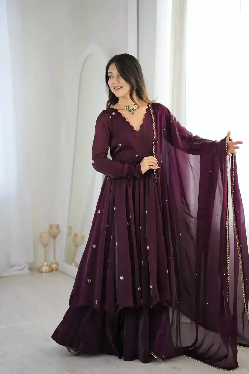 Graceful Wine Crunchy Silk Embroidery Work Gown - Image 5
