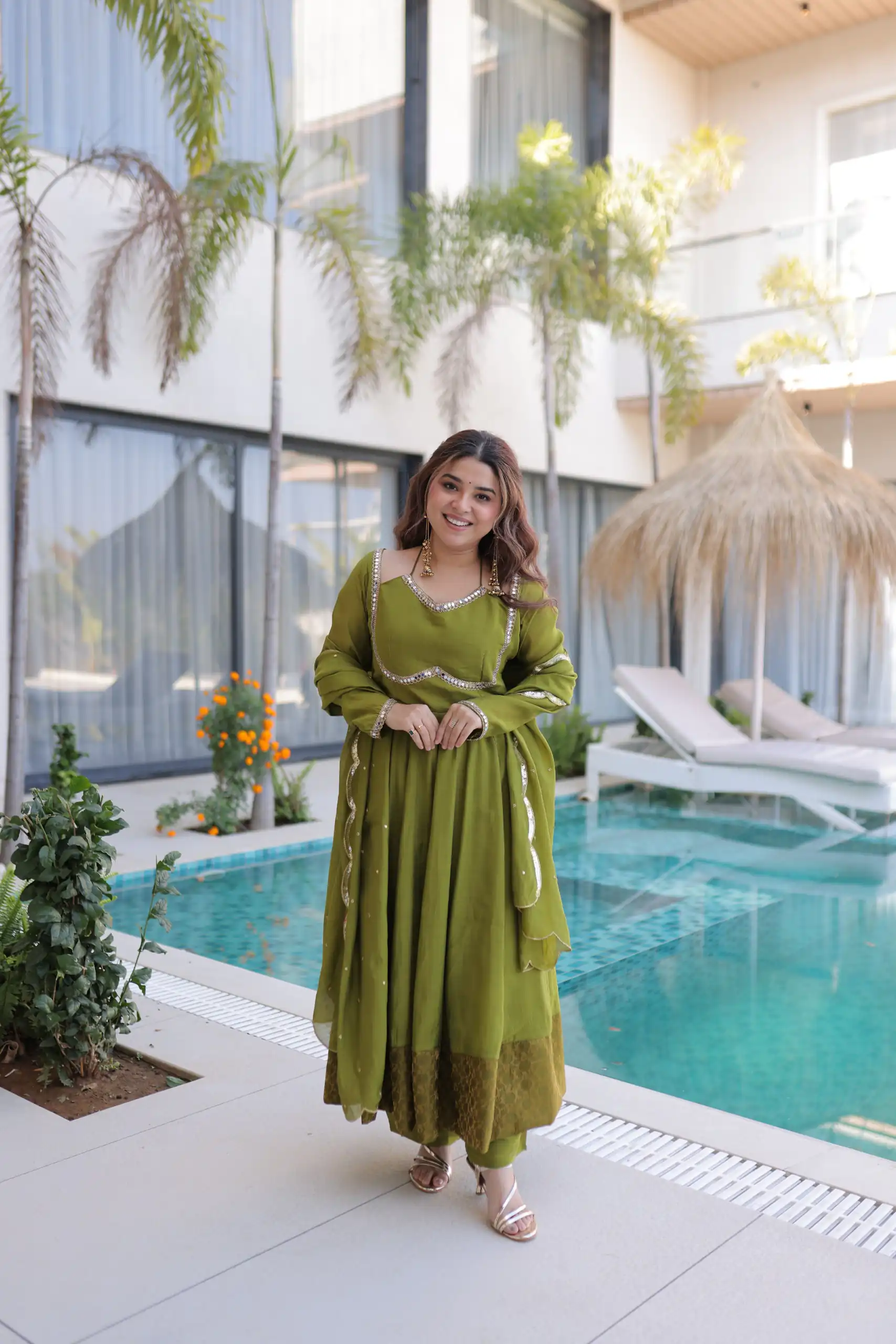 Lovely Mehendi Mul Chanderi Mirror Lace Work Anarkali Suit - Image 4