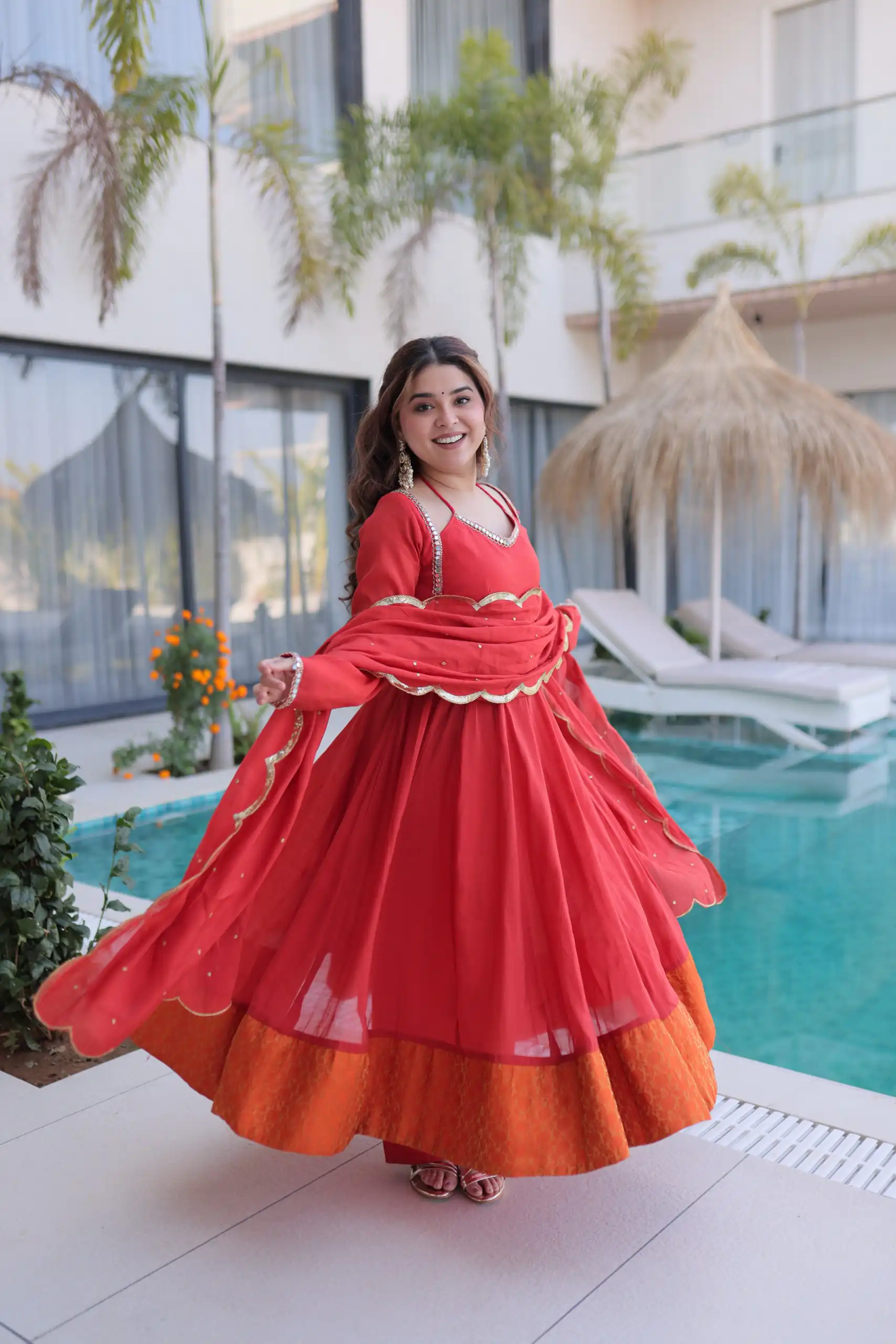 Lovely Red Mul Chanderi Mirror Lace Work Anarkali Suit - Image 5