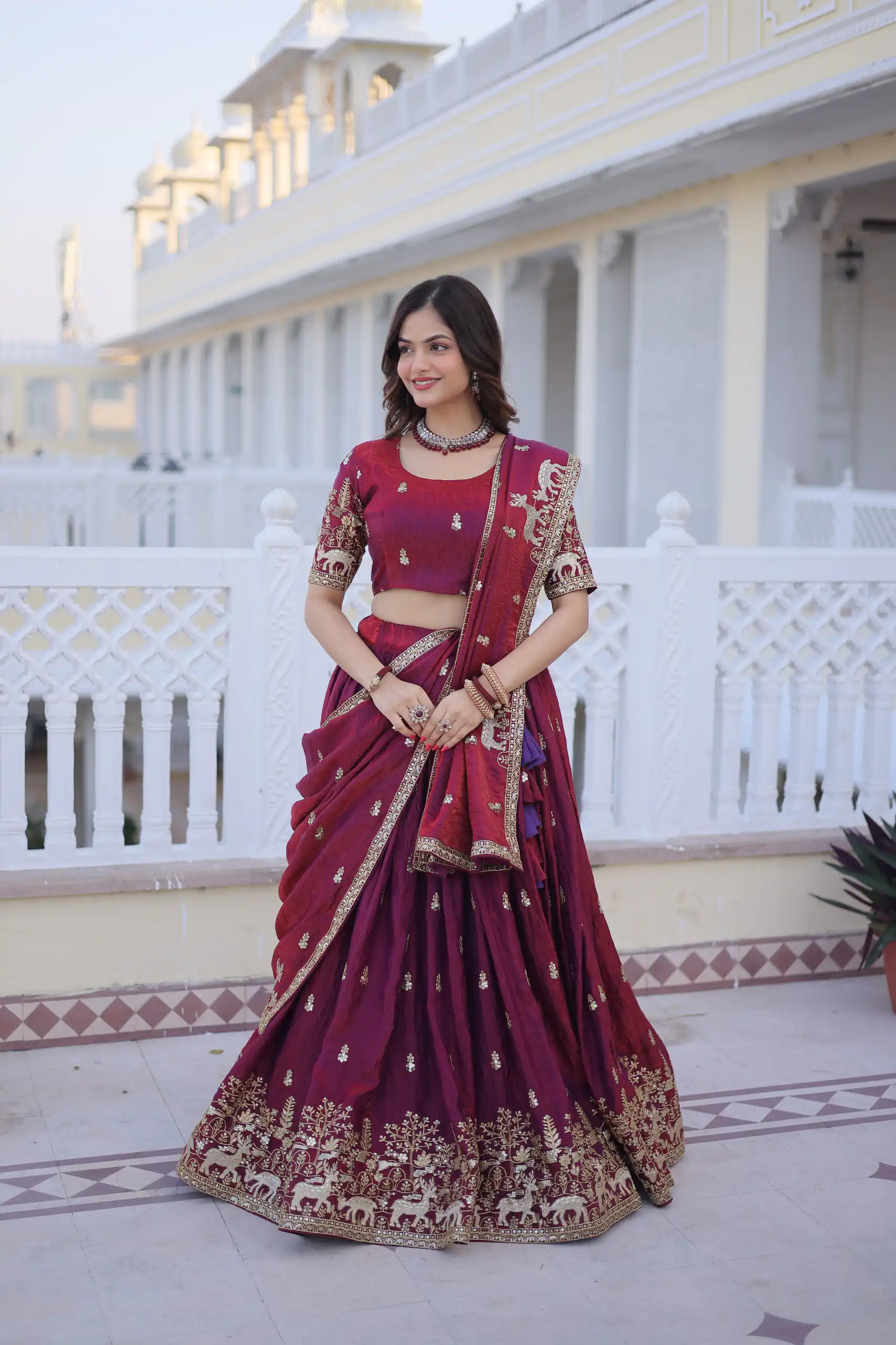 Majestic Maroon Fendi Silk Embroider Work Lehenga Choli - Image 4