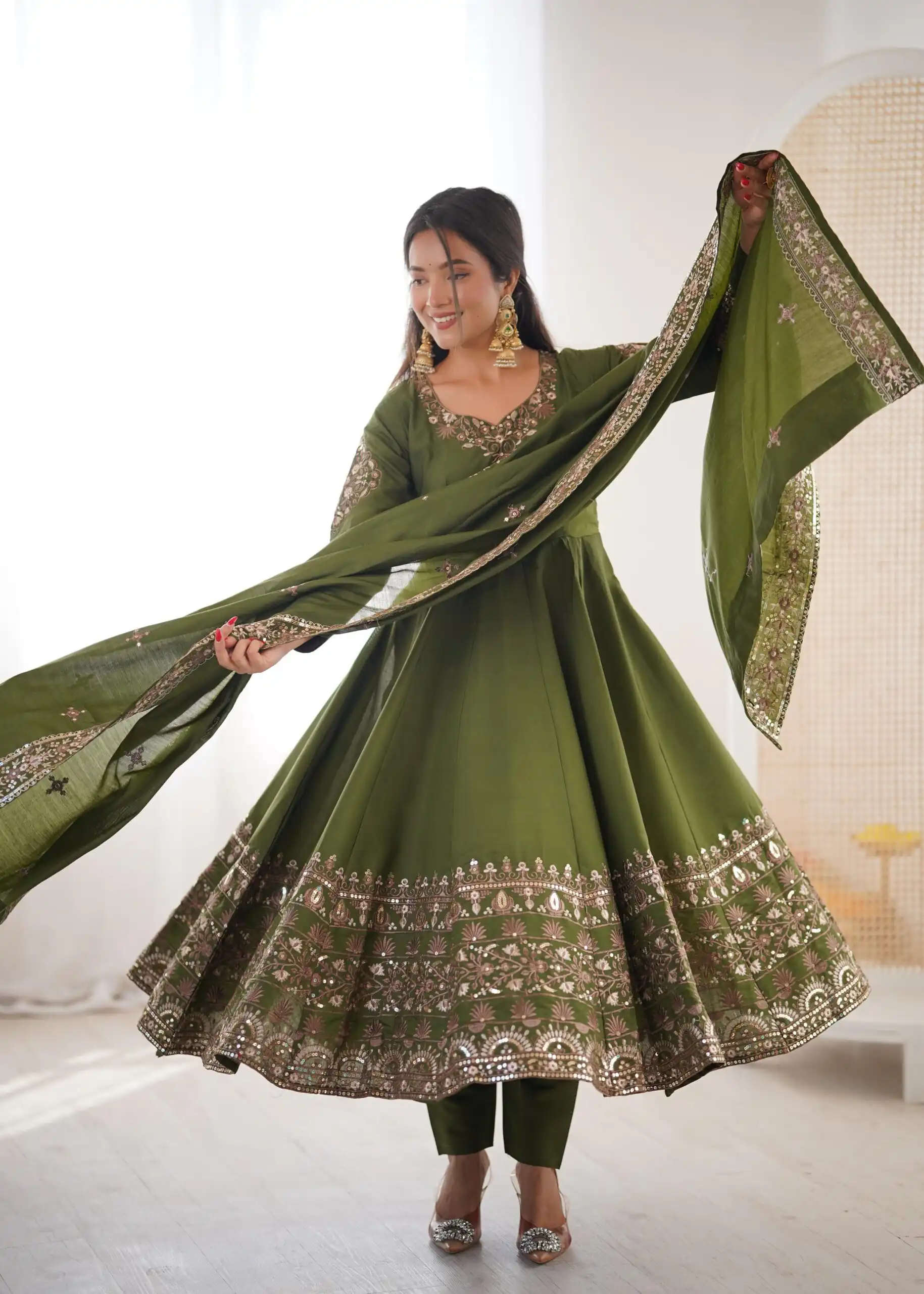 Nice Mehendi Roman Silk Embroidery Work Gown - Image 4