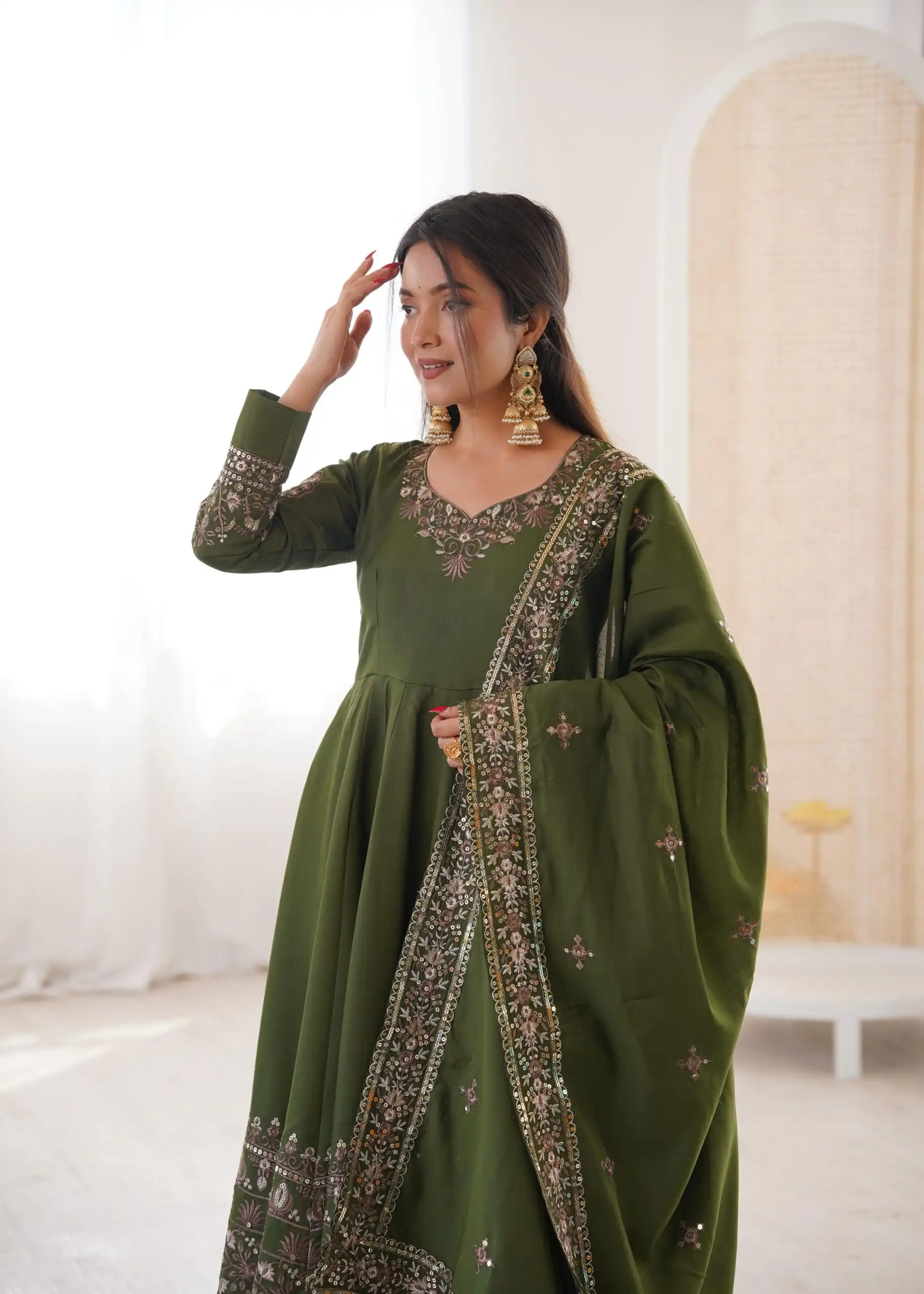 Nice Mehendi Roman Silk Embroidery Work Gown - Image 3