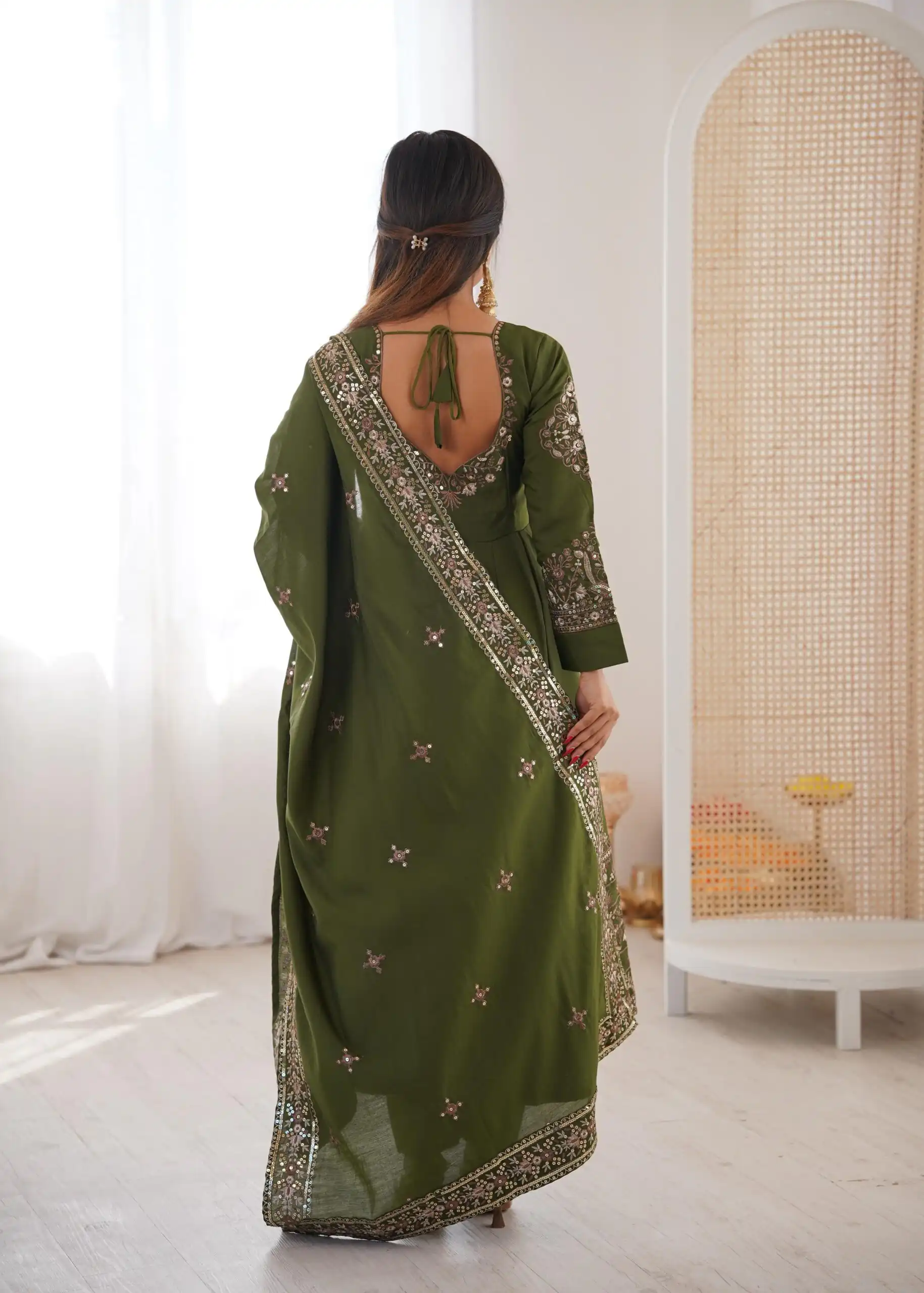 Nice Mehendi Roman Silk Embroidery Work Gown - Image 7