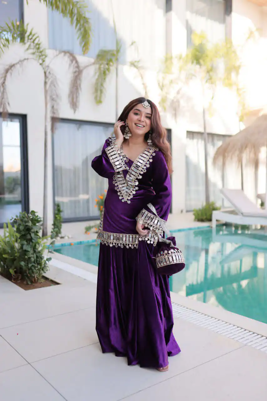 Perfect Purple 9000 Velvet Mirror Work Salwar Suit