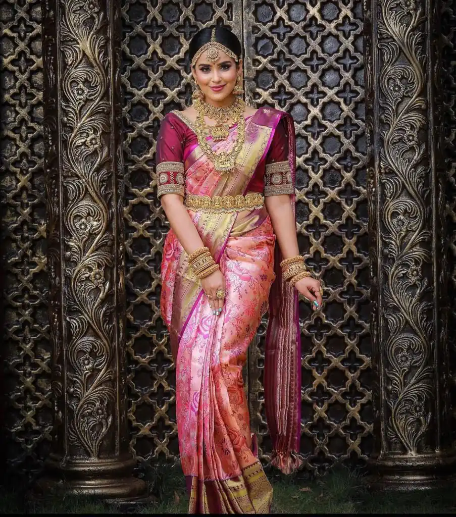 Pretty Peach Lichi Silk Jacquard Work Saree