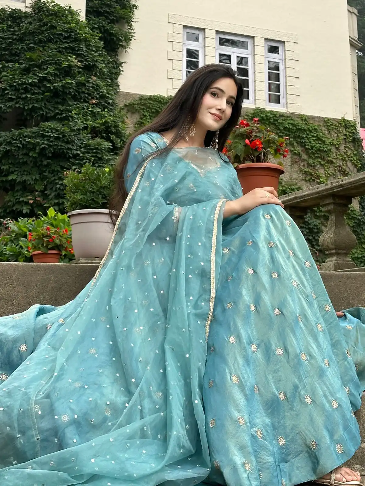 Solid Sky Blue Vichitra Silk Sequence Work Gown - Image 6