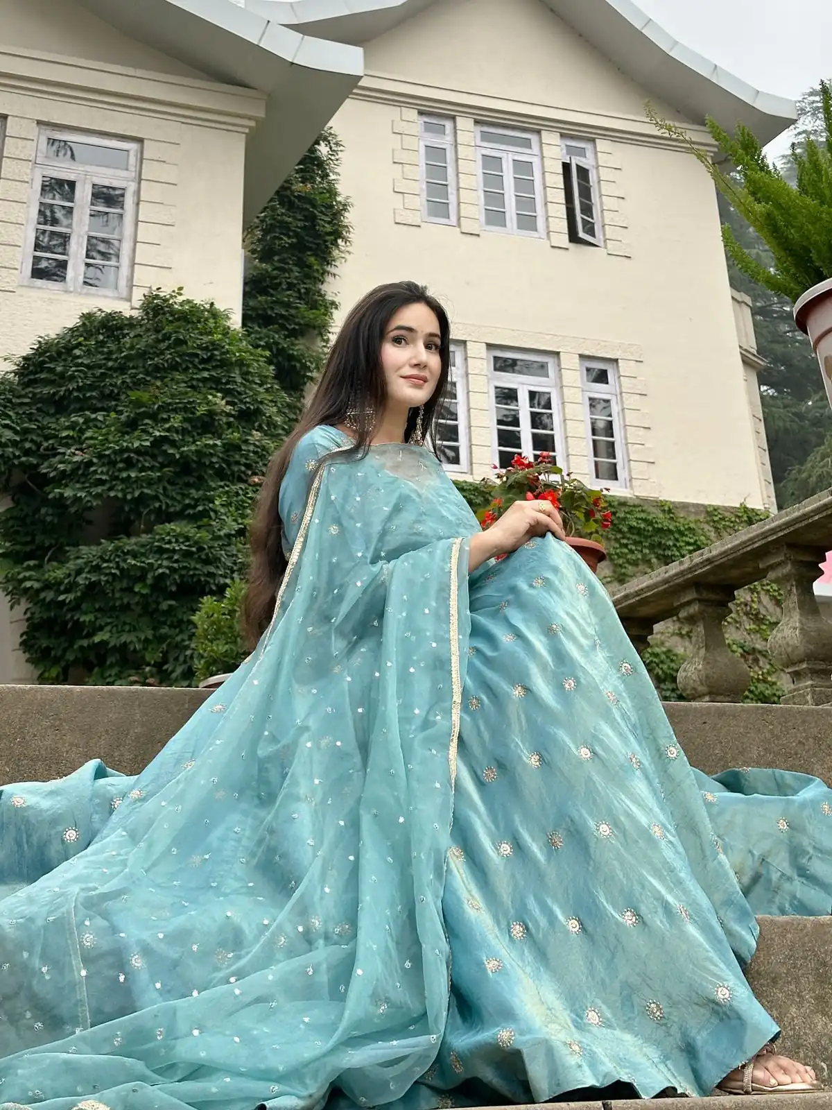 Solid Sky Blue Vichitra Silk Sequence Work Gown - Image 9