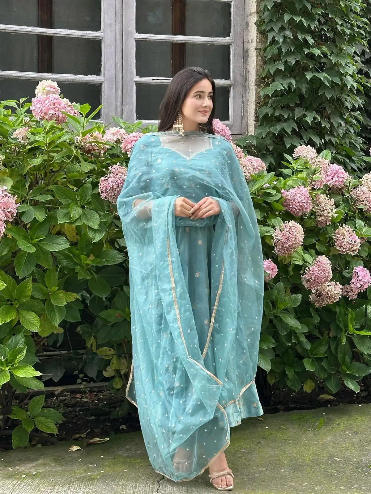 Solid Sky Blue Vichitra Silk Sequence Work Gown - Image 2