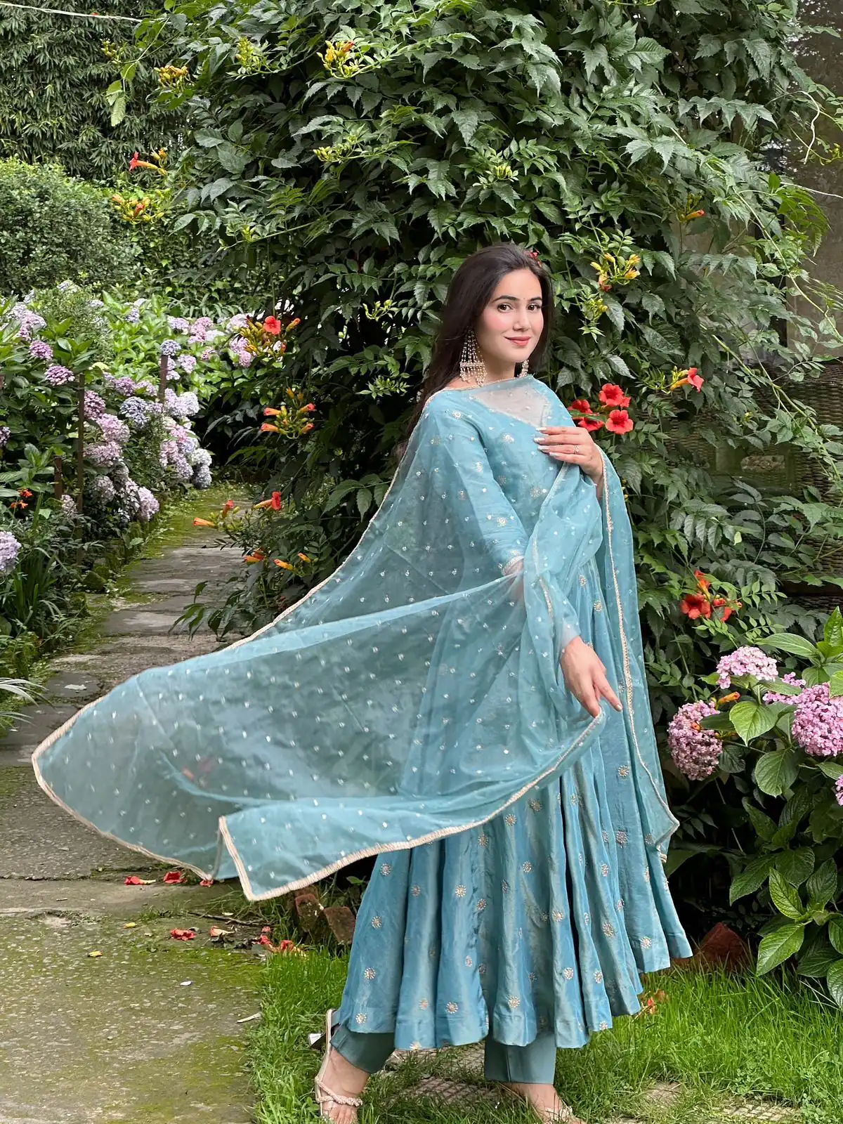 Solid Sky Blue Vichitra Silk Sequence Work Gown - Image 5
