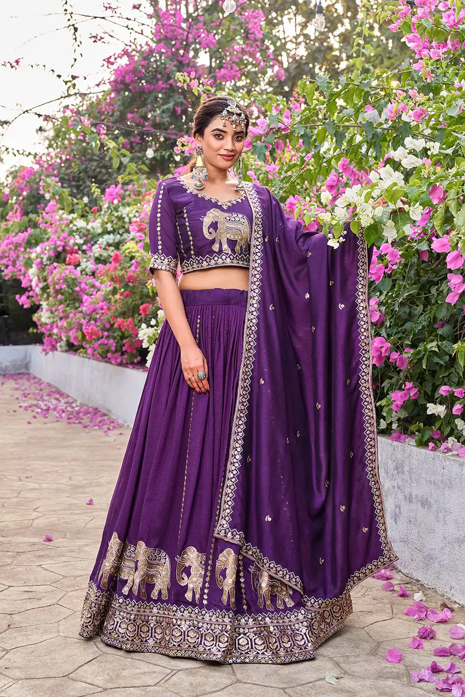 Special Dark Purple Vichitra Silk Thread Work Lehenga Choli - Image 2