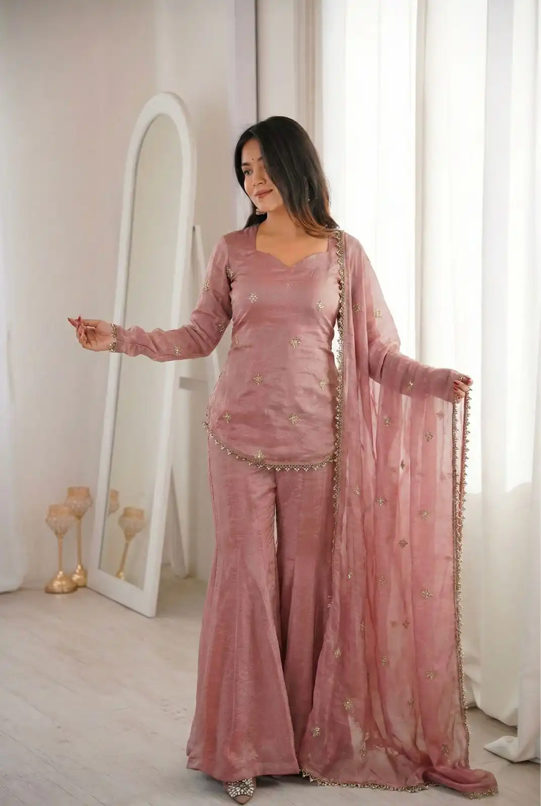 Super Peach Fendy Silk Embroidery Lace Work Salwar Suit - Image 3