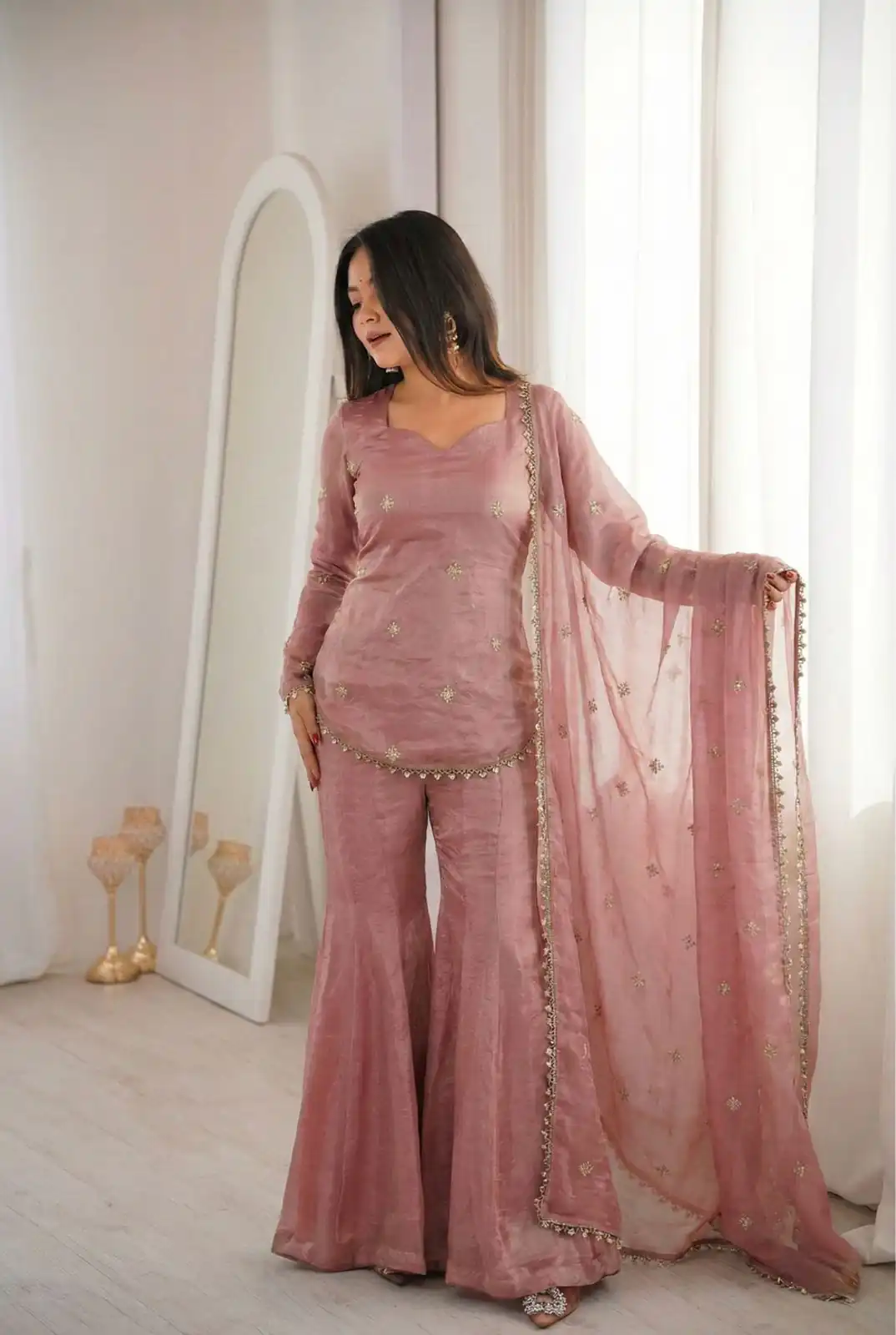 Super Peach Fendy Silk Embroidery Lace Work Salwar Suit - Image 2
