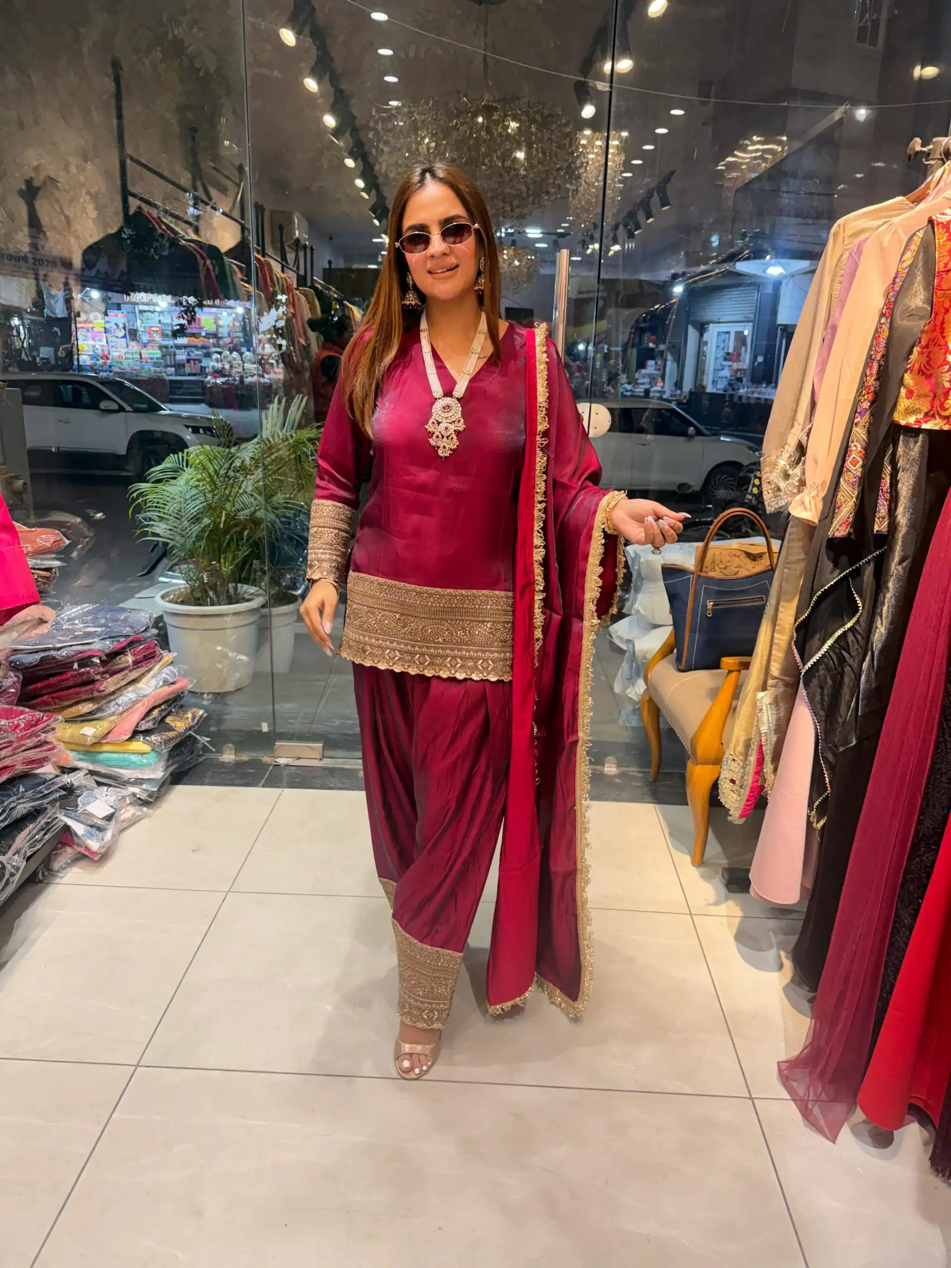 Super Red Fendy Silk Embroidery Work Salwar Suit - Image 3