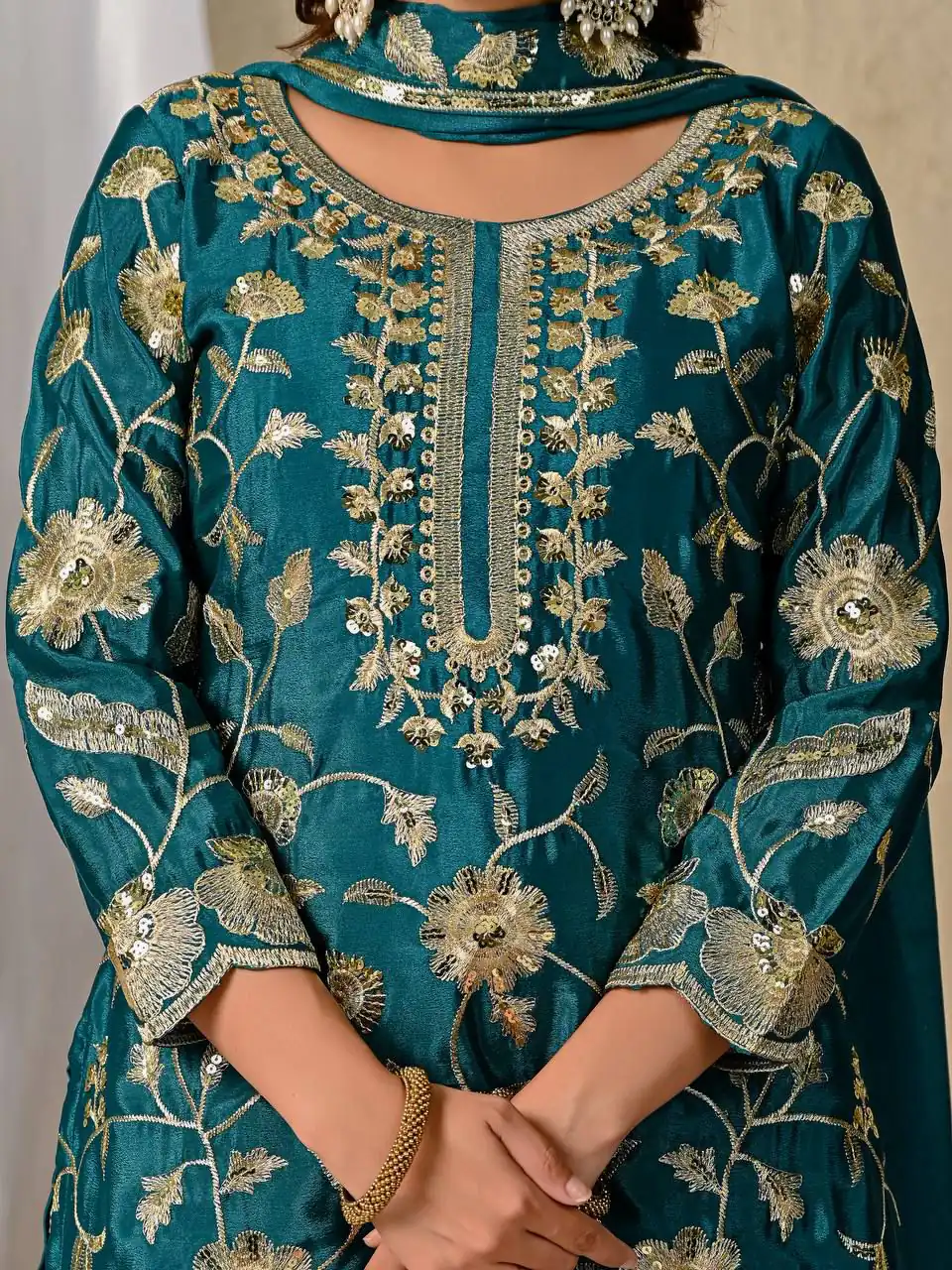 Superb Teal Chinon Silk Embroider Work Salwar Suit - Image 5