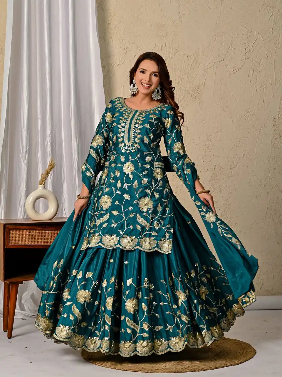Superb Teal Chinon Silk Embroider Work Salwar Suit