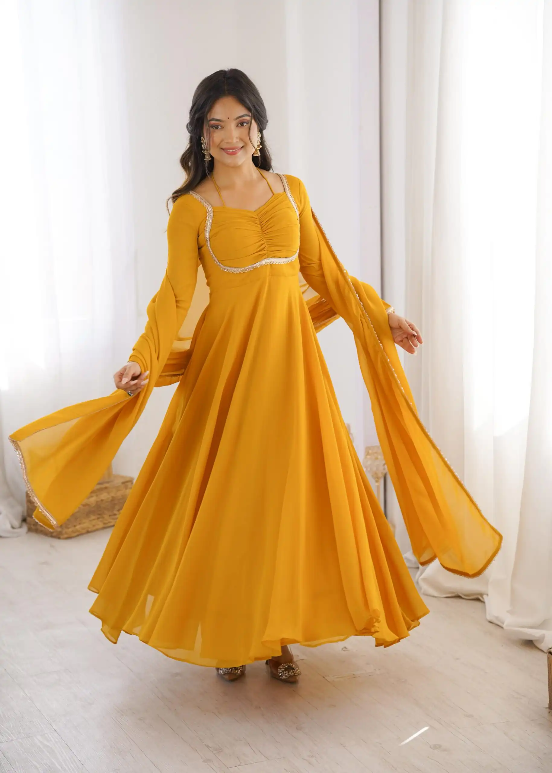Superb Yellow Fox Blooming Georgette Lace Work Gown - Image 3