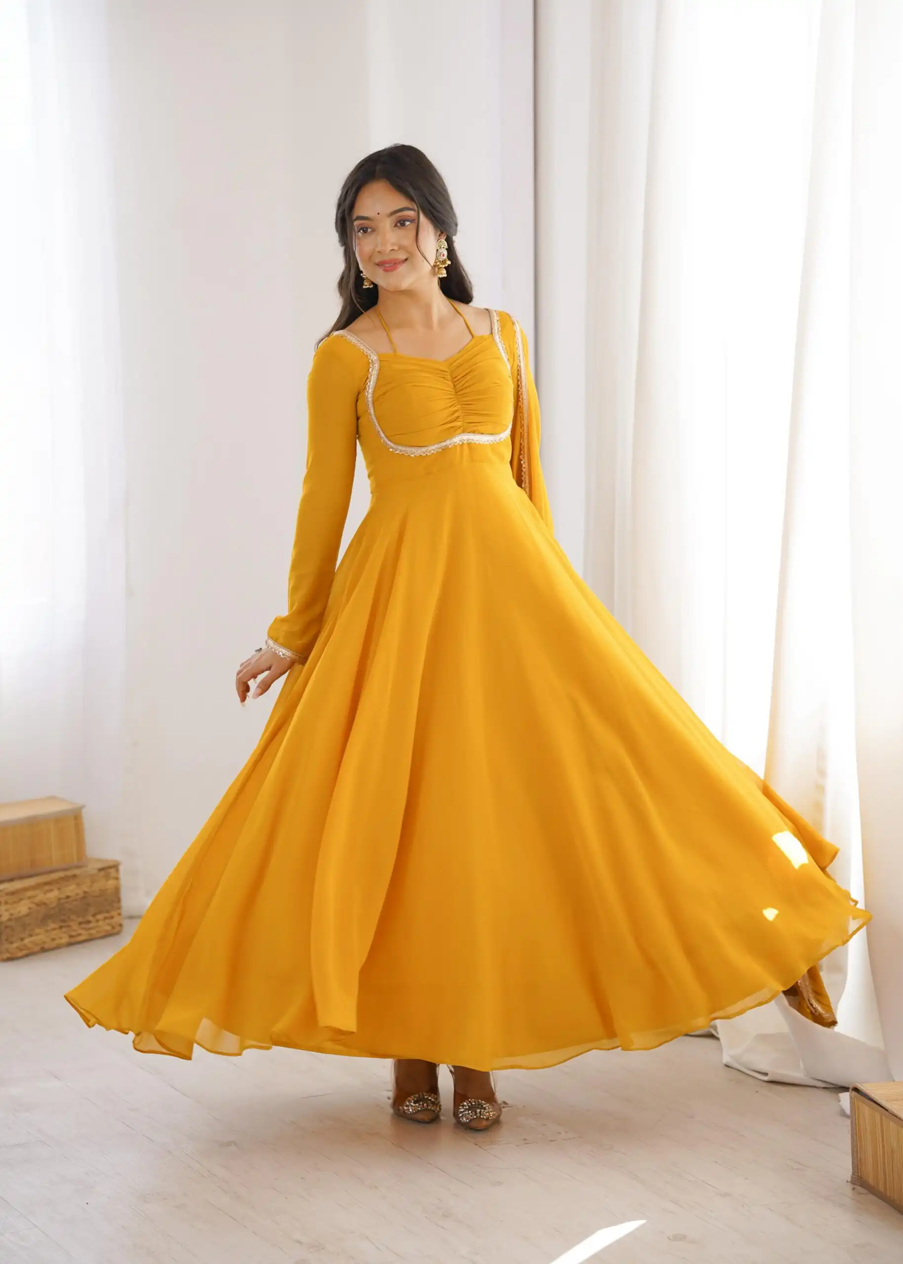 Superb Yellow Fox Blooming Georgette Lace Work Gown - Image 6