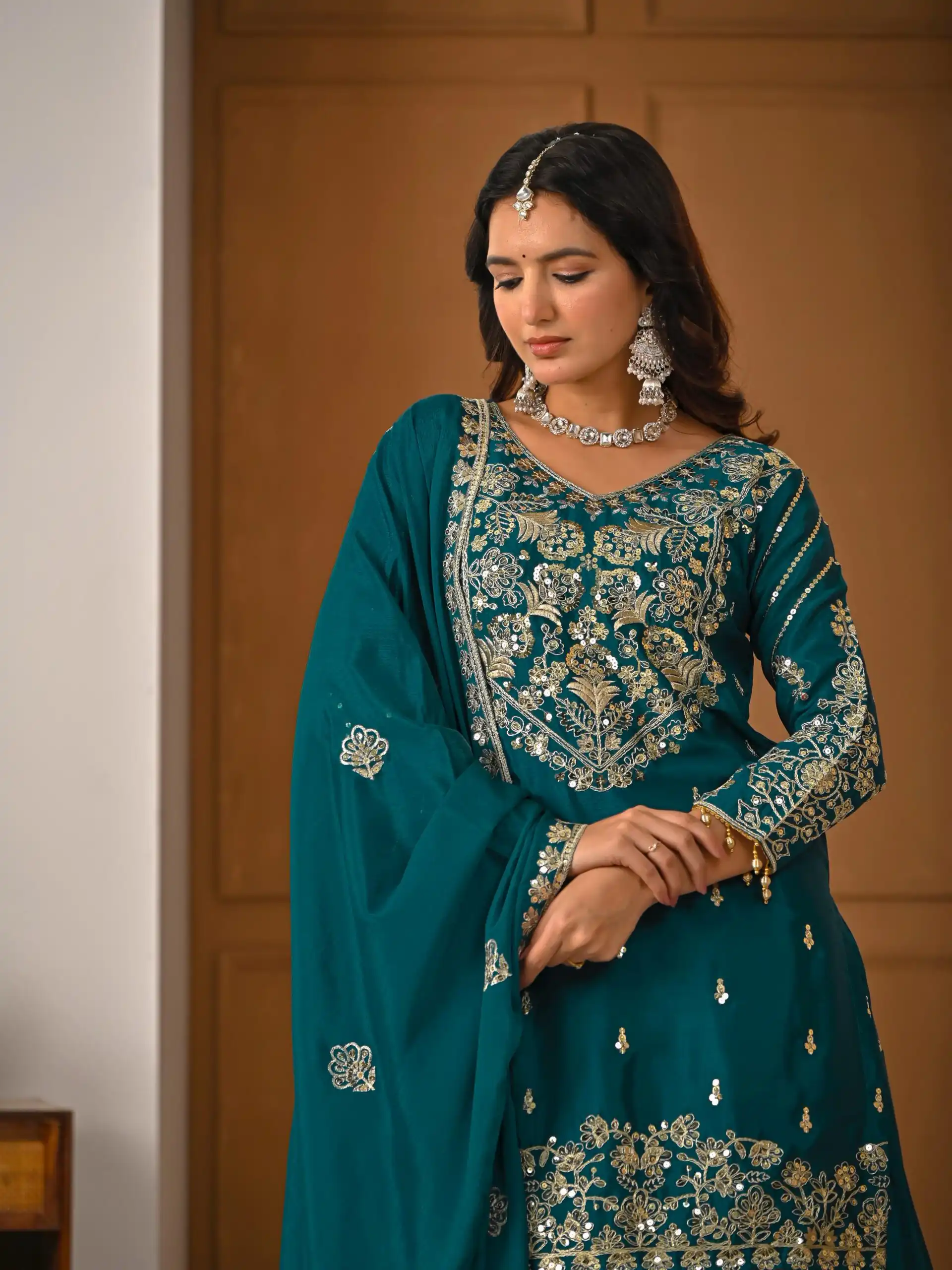 Teal Chinon Silk Embroidery Zari Work Lehenga Choli - Image 7