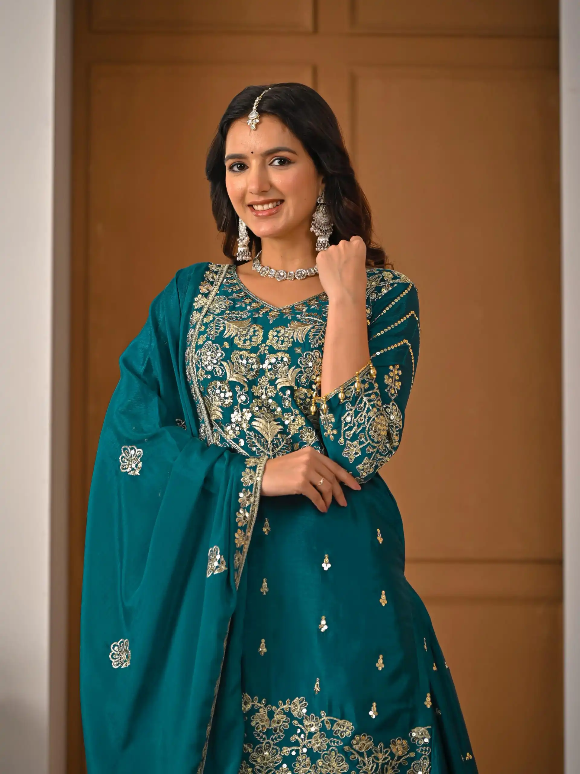 Teal Chinon Silk Embroidery Zari Work Lehenga Choli - Image 8