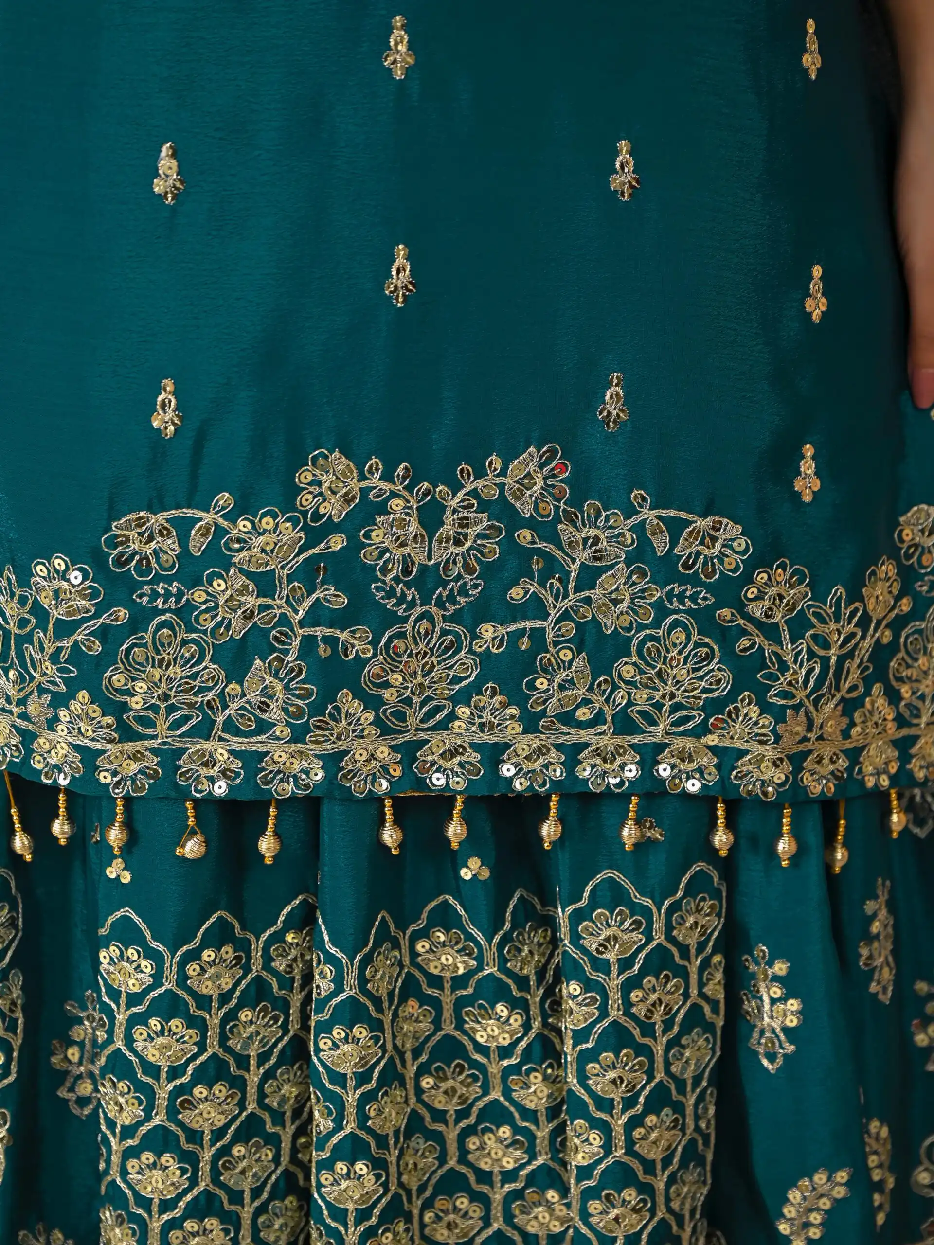Teal Chinon Silk Embroidery Zari Work Lehenga Choli - Image 10