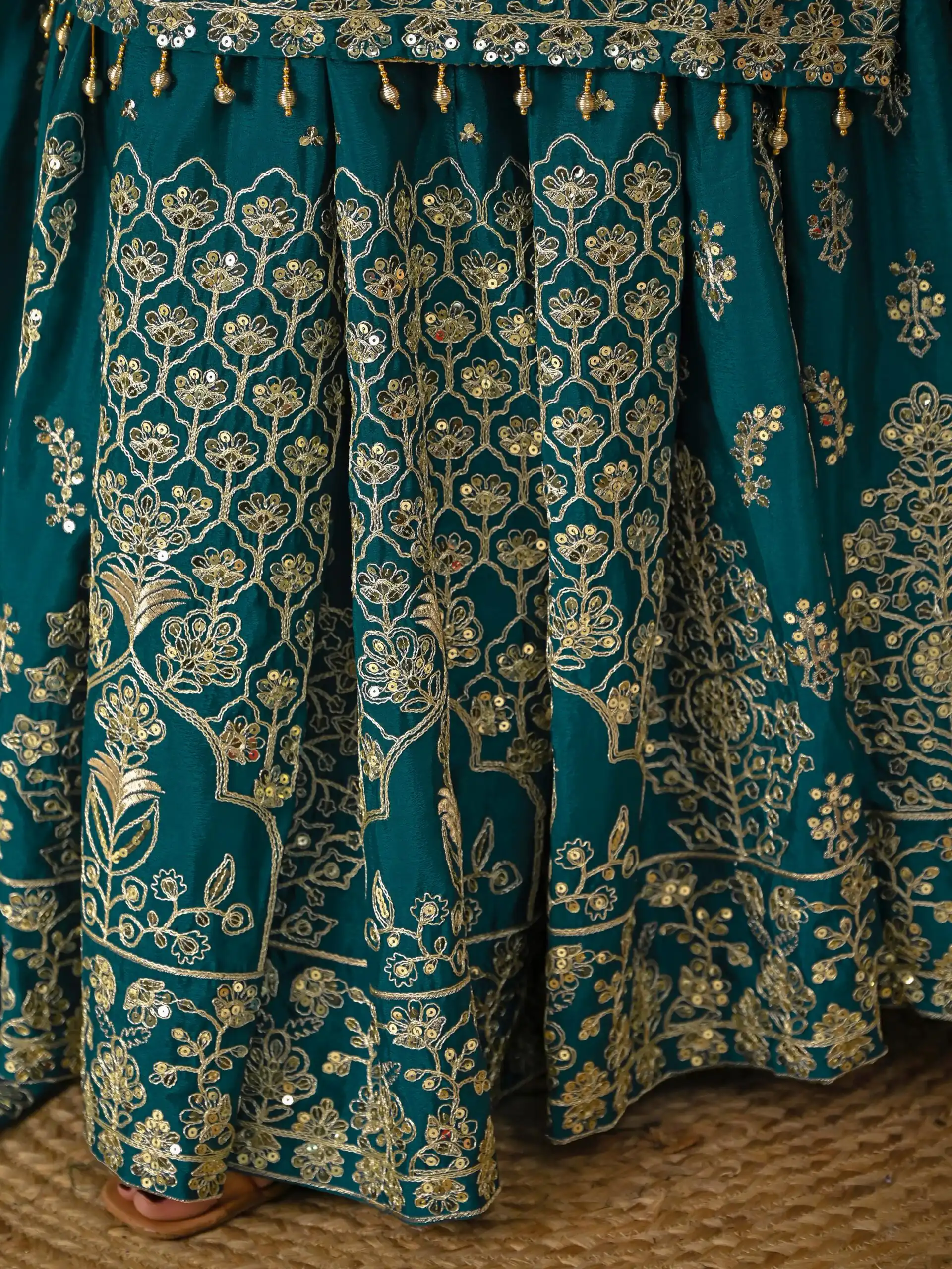Teal Chinon Silk Embroidery Zari Work Lehenga Choli - Image 11