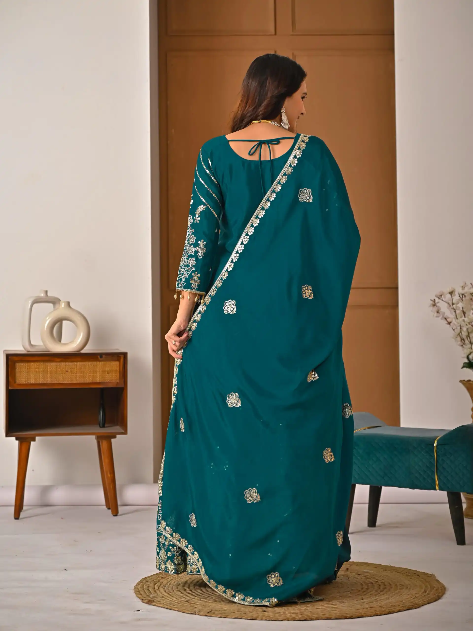 Teal Chinon Silk Embroidery Zari Work Lehenga Choli - Image 12