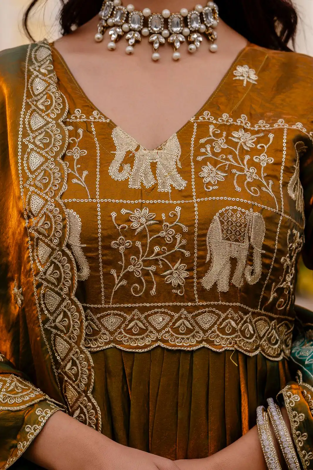 Mustered Fendy Satin Embroidery Work Gown - Image 10