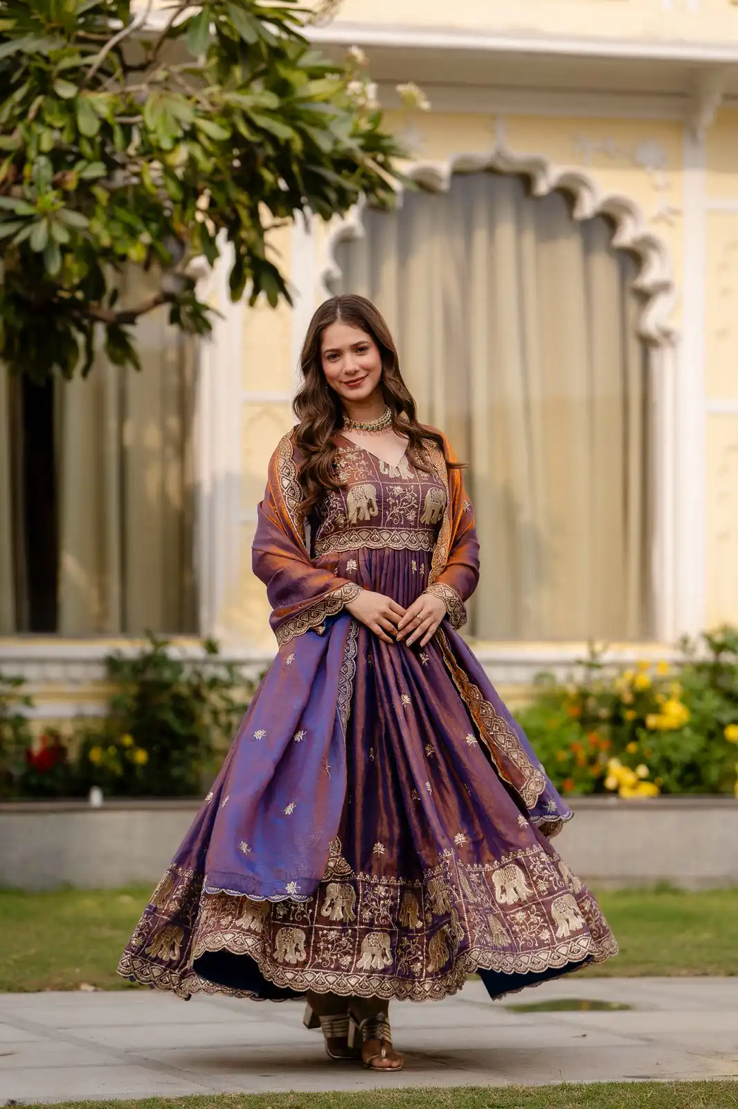 Purple Fendy Satin Embroidery Work Gown - Image 6