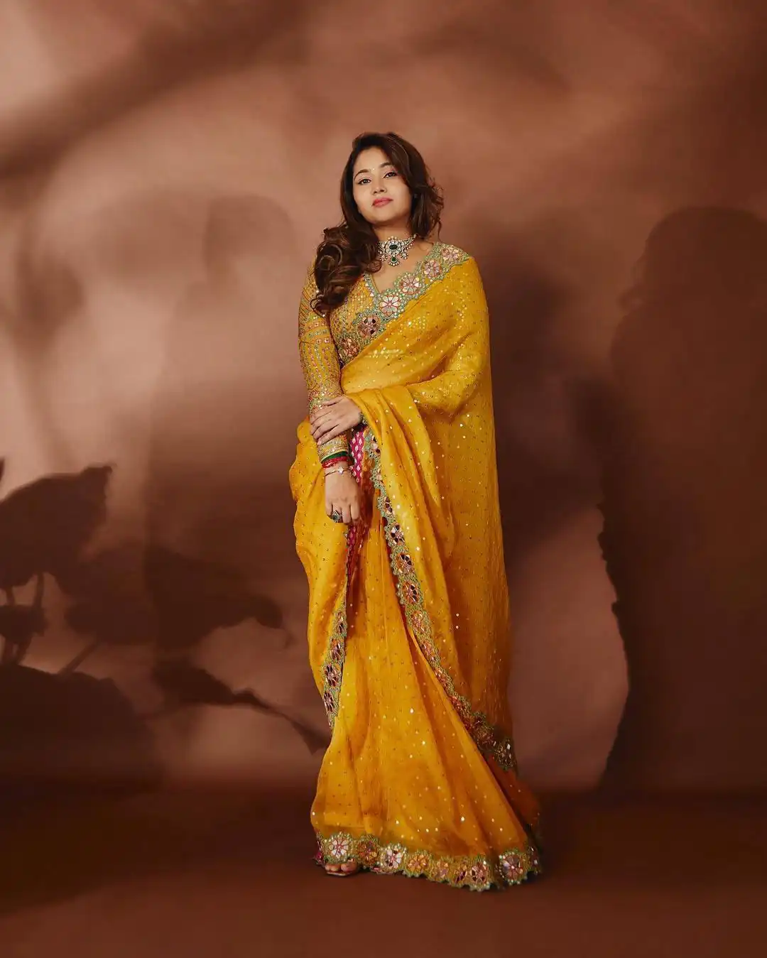 Yellow Faux Georgette Sequence Mirror Work Saree - Image 2