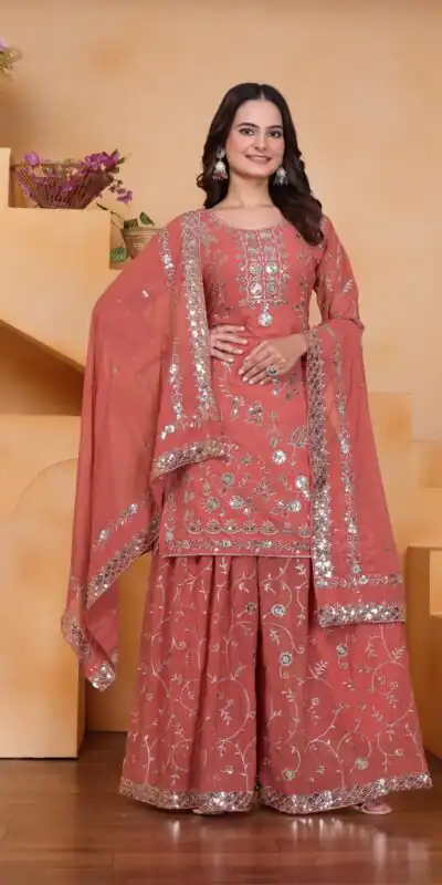 Peach Fox Georgette Embroidery Work Salwar Suit