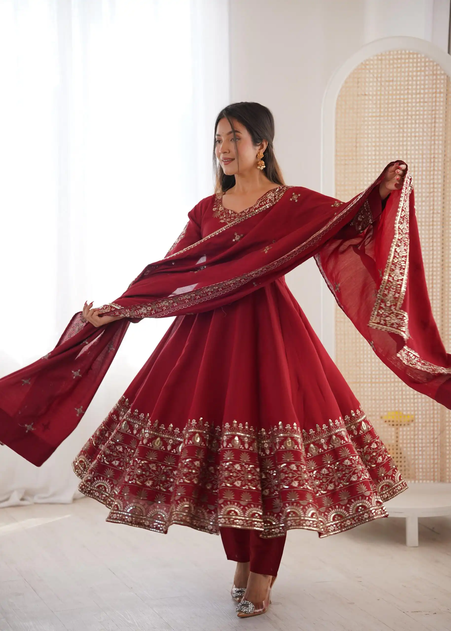 Maroon Roman Silk Embroidery Work Gown - Image 3