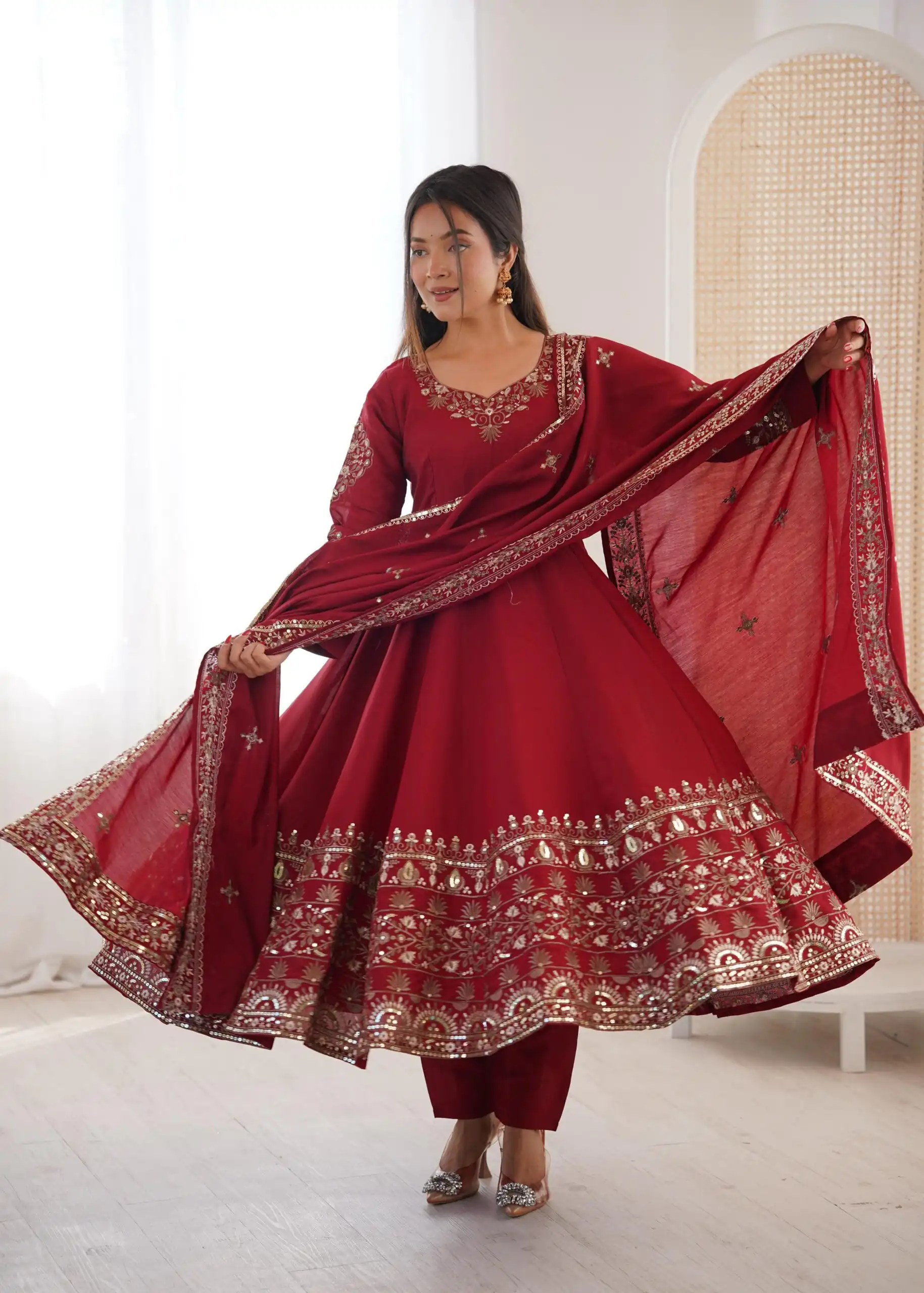Maroon Roman Silk Embroidery Work Gown - Image 4
