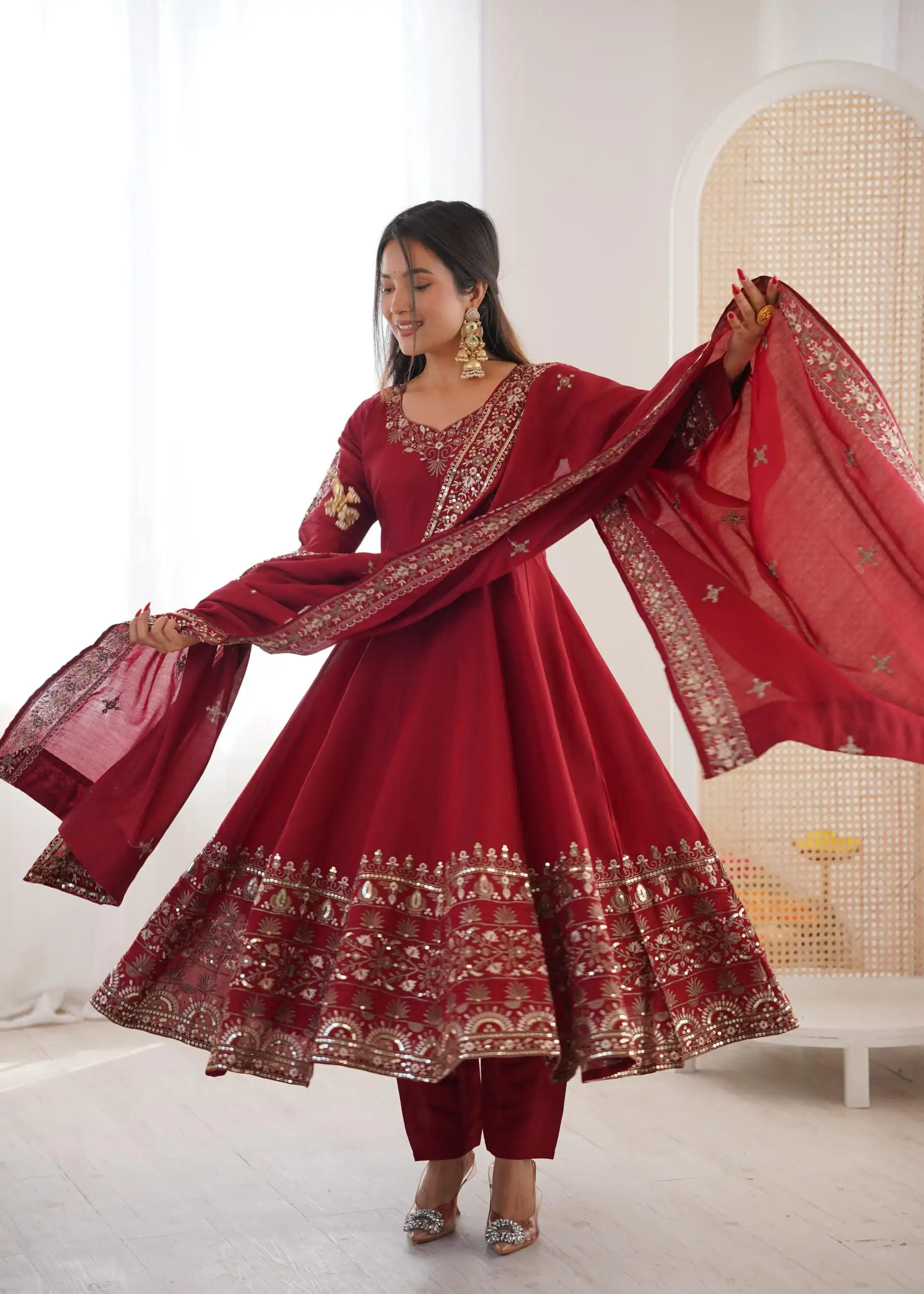 Maroon Roman Silk Embroidery Work Gown - Image 6