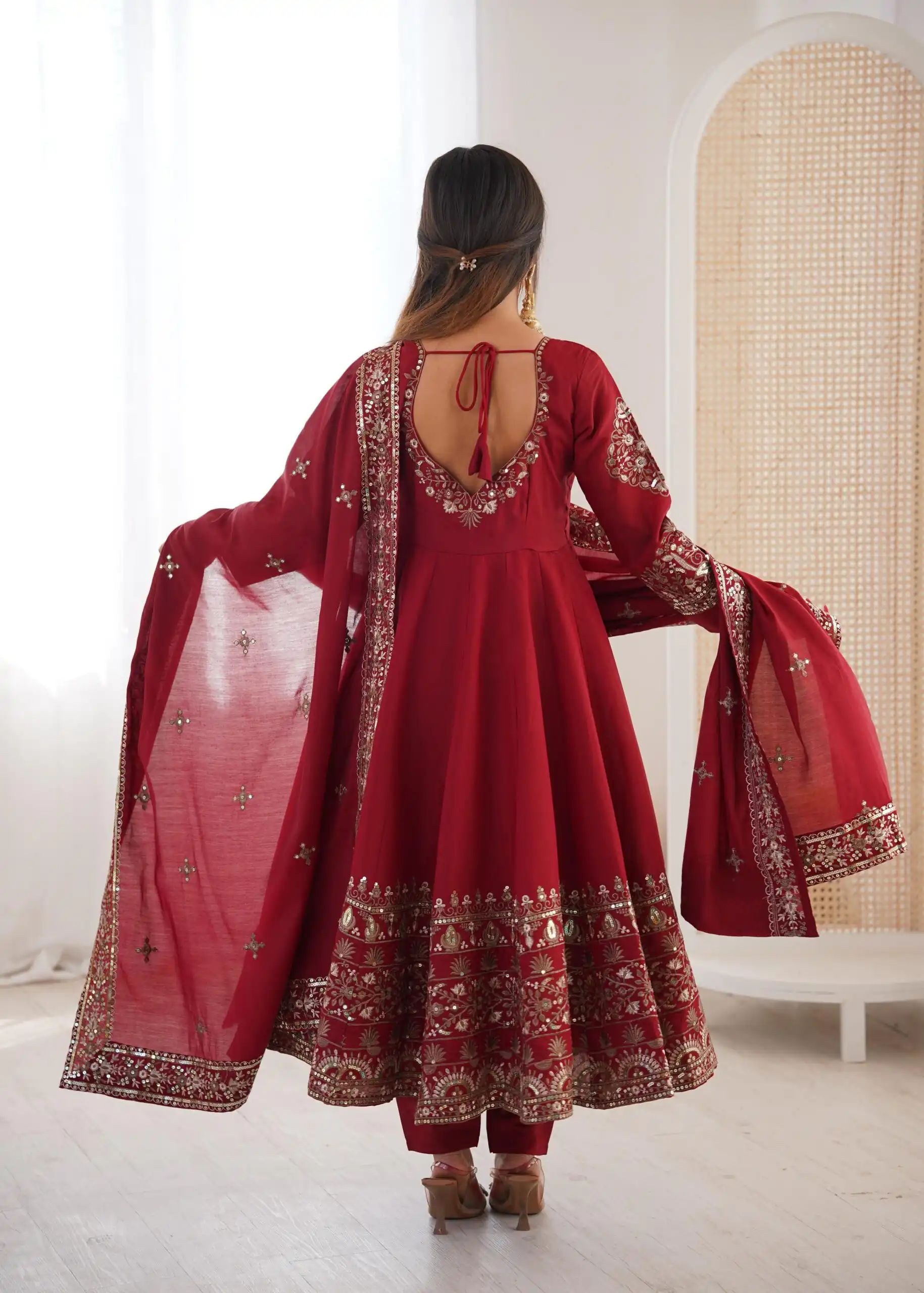 Maroon Roman Silk Embroidery Work Gown - Image 8