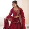 Maroon Roman Silk Embroidery Work Gown