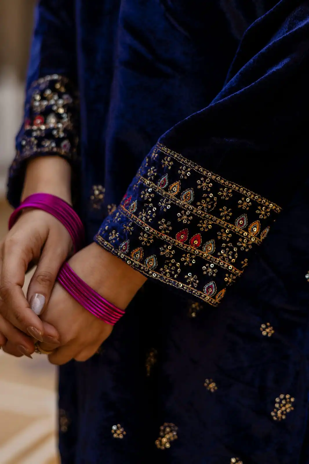 Navy Blue 9000 Velvet Embroider Lace Work Salwar Suit - Image 13