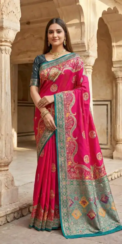 Pink Pashmina Silk Woven Lace Border Saree