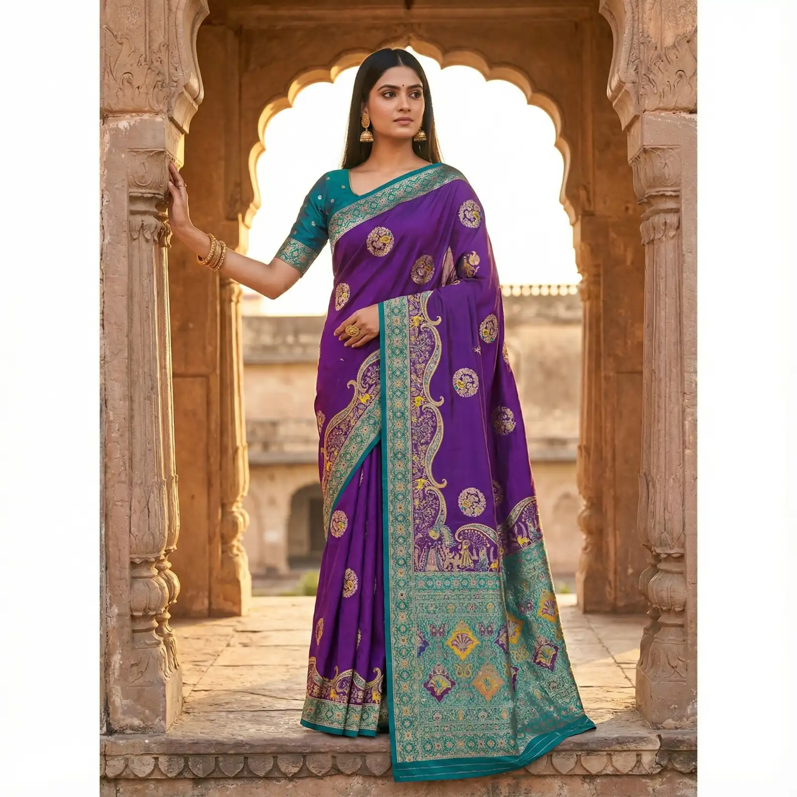 Purple Pashmina Silk Woven Lace Border Saree