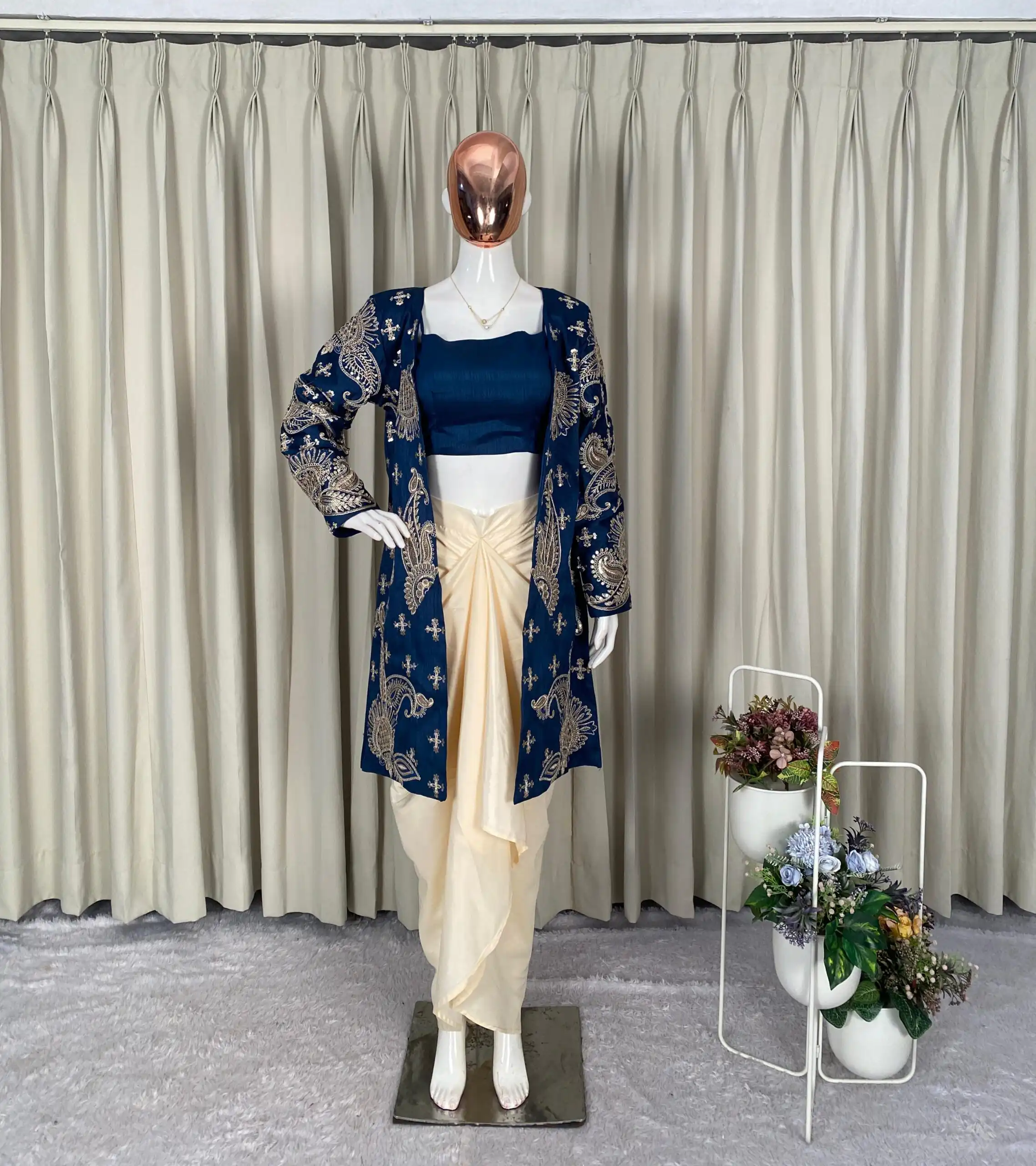 Navy Blue French Crape Embroidery Work Dhoti Suit