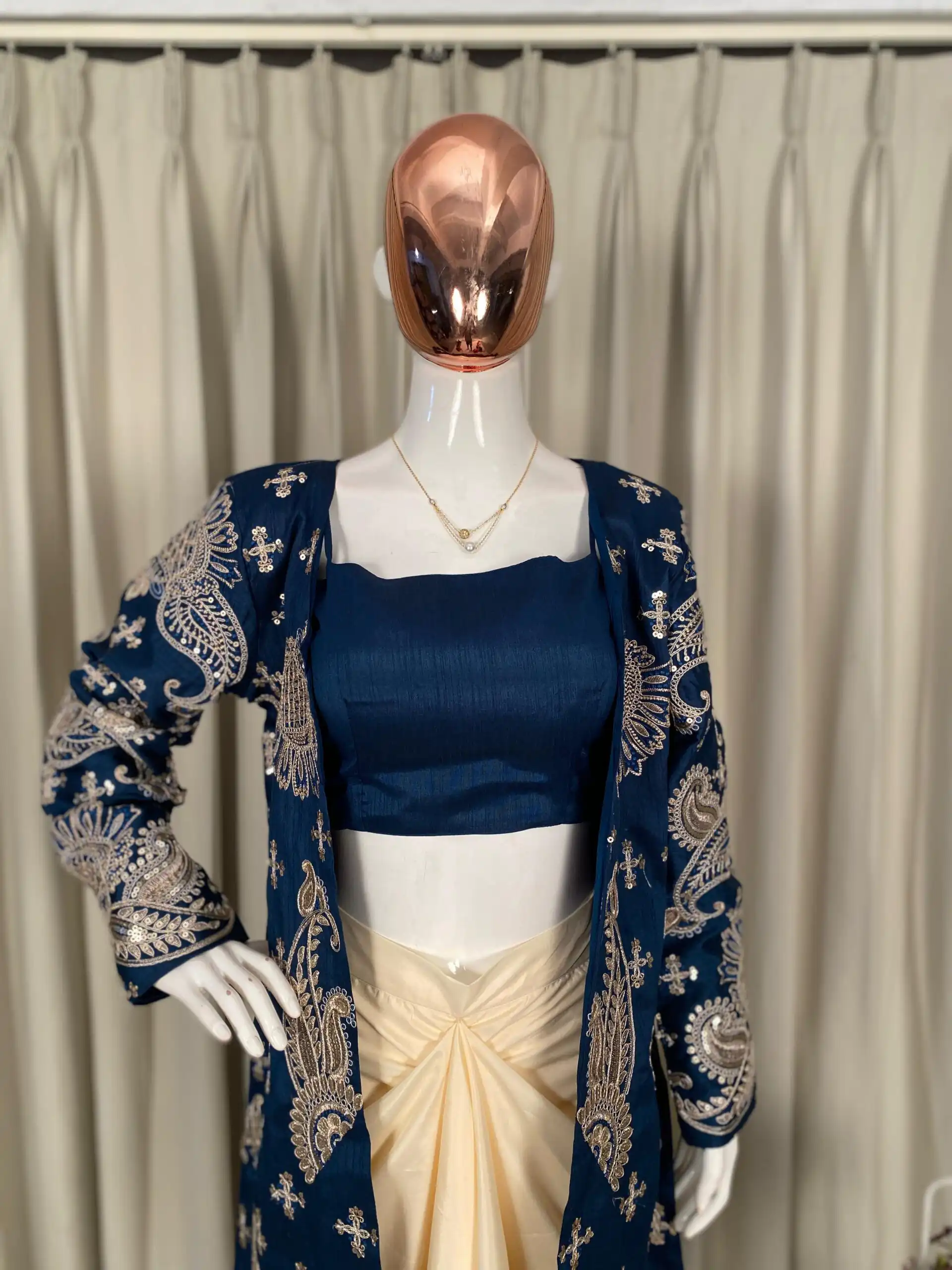 Navy Blue French Crape Embroidery Work Dhoti Suit - Image 2