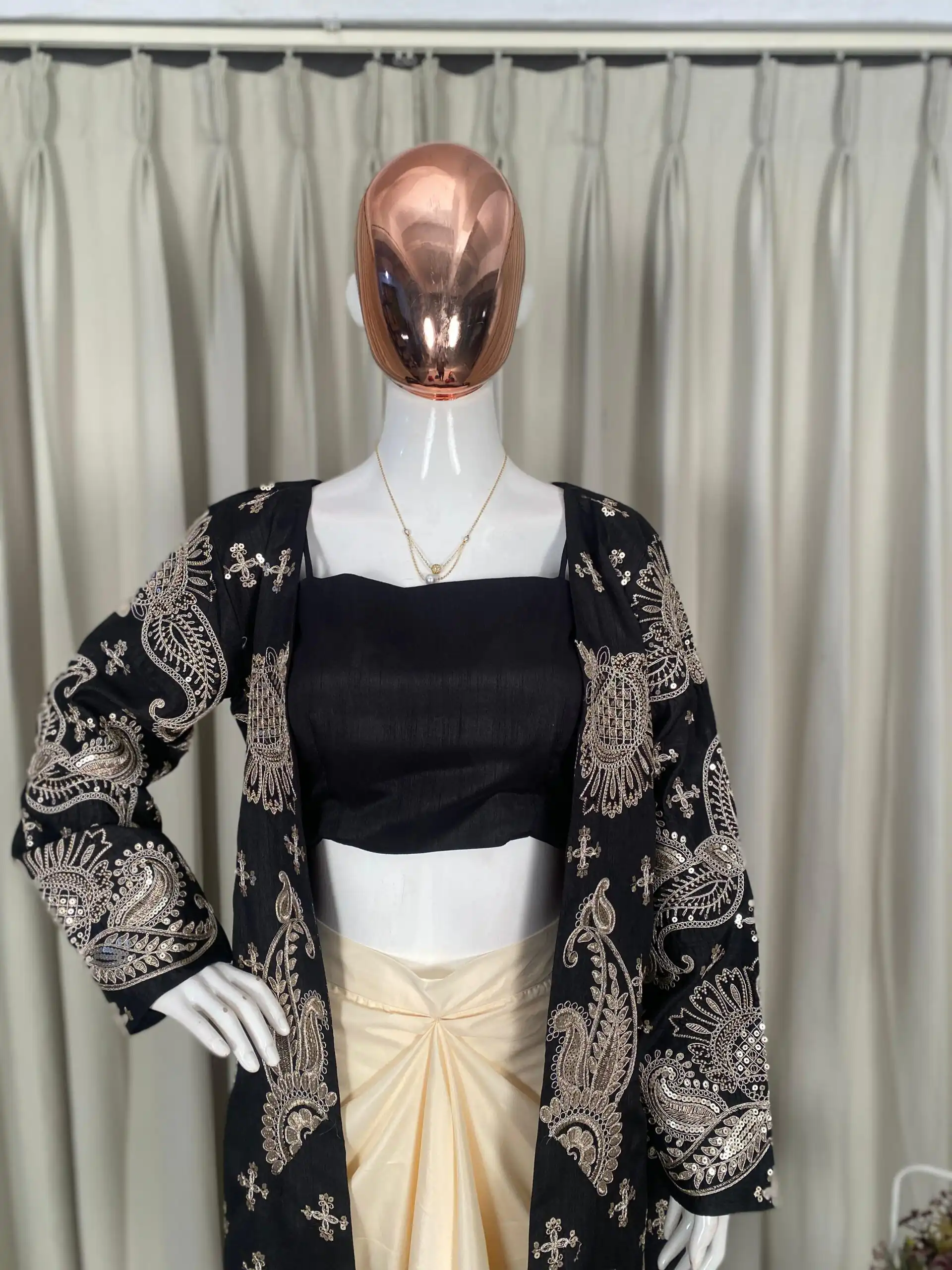 Black French Crape Embroidery Work Dhoti Suit - Image 2