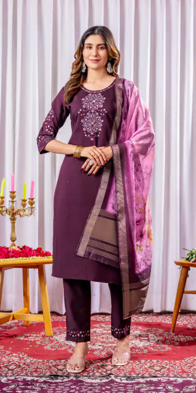 Wine Viscose Silk Thread Embroider Work Salwar Suit